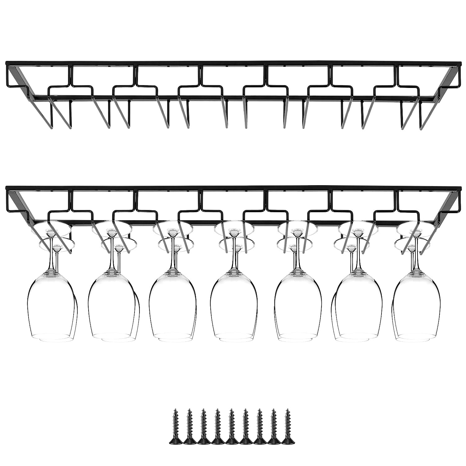 QWORK® - Juego de 2 soporte copas colgante, soporte para copas de vino de 7 filas, colgador de copas de vino de metal, para barra de cocina, negro
