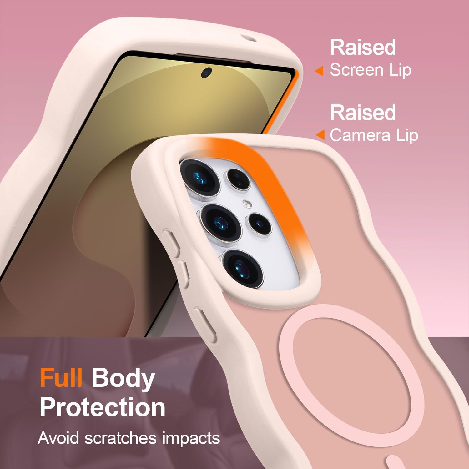 UEEBAI Magnetic for Samsung Galaxy S25 Ultra 5G Case, Cute Cover Compatible with MagSafe, Transparent Clear Wave Design Wavy Frame Matte Phone Case- Pink - Image 4