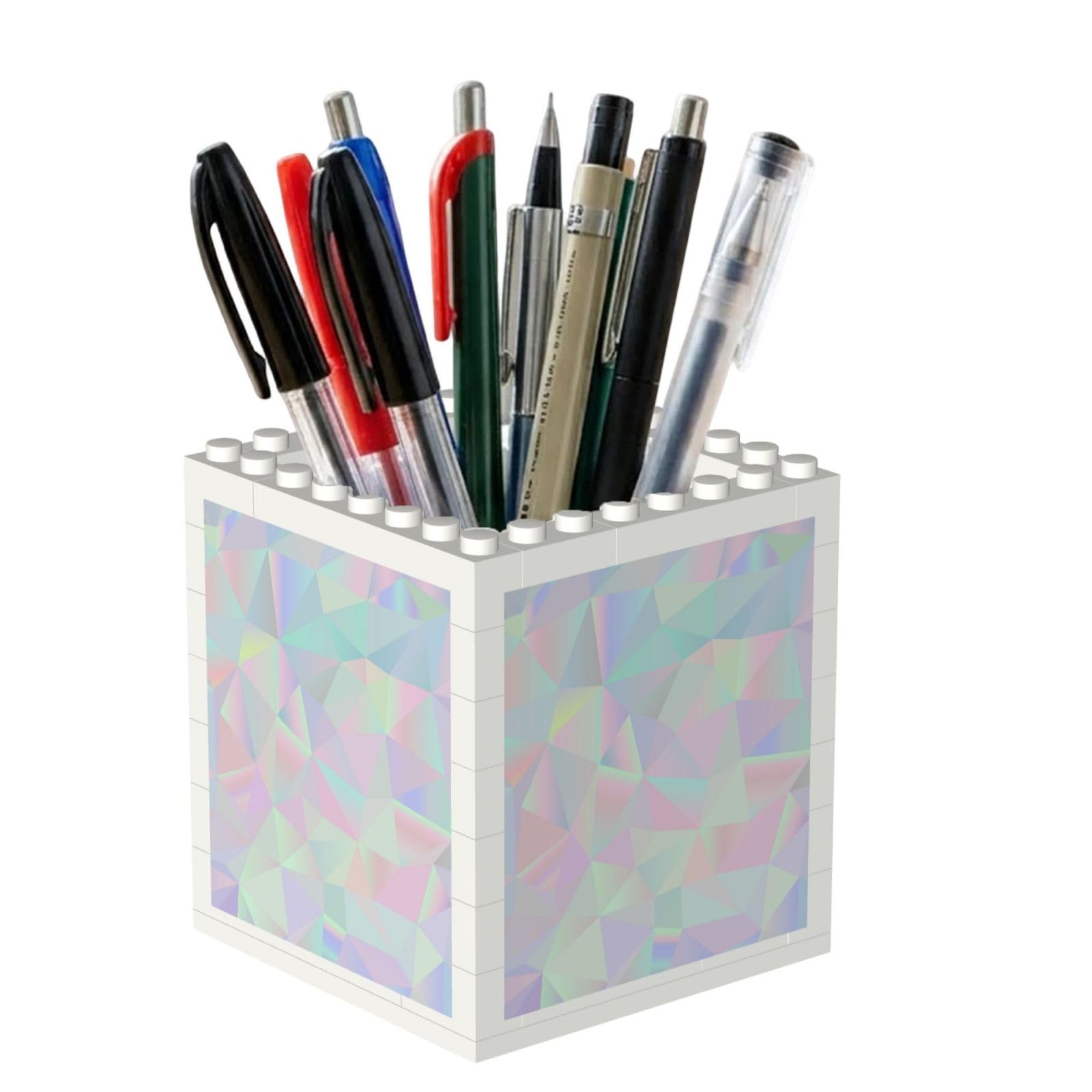 Poadnly Abstract Iridescent Holographic Polygonal, Pen Pot Pencil Holder for Office Home School, Compact Desk Organiser for Office Stationery