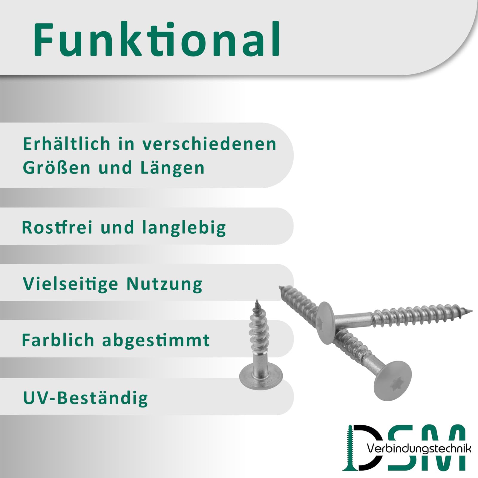DSM Tornillos de fachada Trespo 4,8 x 38 mm, gris polvo RAL 7037, acero inoxidable A2, cabeza redonda plana con accionamiento TX, autorroscantes y resistentes a la corrosión, tornillos para madera