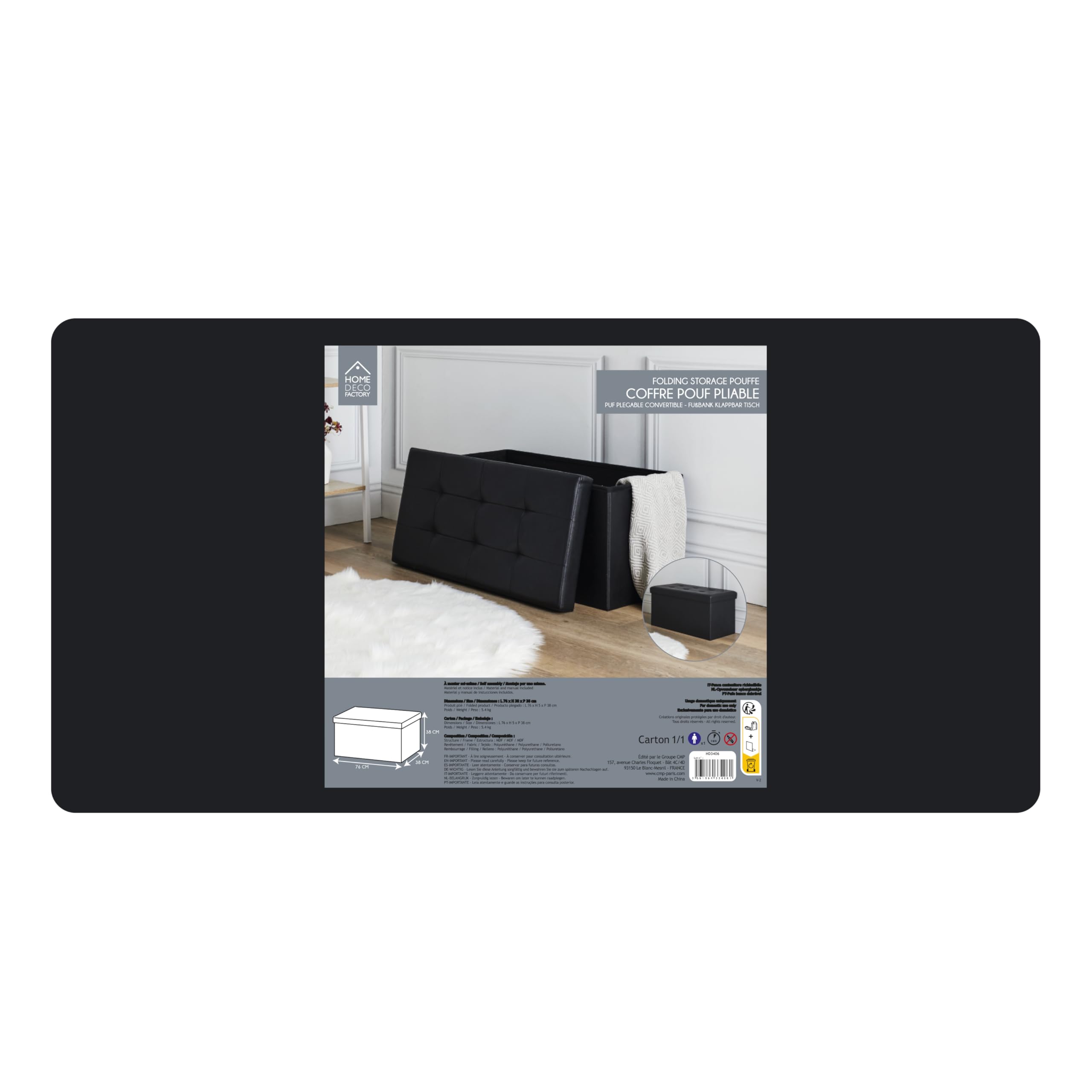 HOME DECO FACTORY - HD3404, Baúl Banco Plegable en PU Negro, Diseño Práctico y Elegante, Diseñado para Almacenamiento, Dimensiones 76 x 37,5 x 37,5 cm, Color Negro