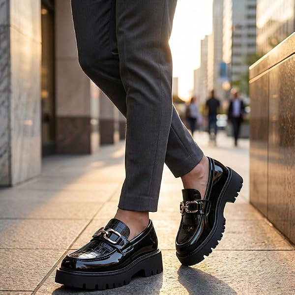 Men's Patent Leather Platform Penny Loafers Classic Slip-on Lug Sole Business Dress Shoes with Metal Horsebit Detail Daily Non-Slip Shock Absorbing Casual Shoes (12.5,Black A) by HSGMXGIXS - Used condition - Image 3