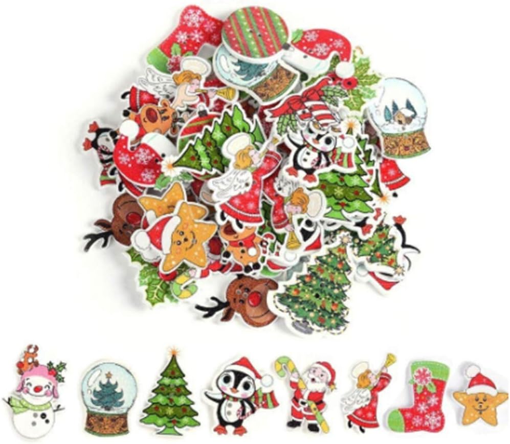 Yinew Christmas Wood Xmas Buttons Craft Card Making Embellishments 2 Holes Wooden Button for Sewing Crafting Pack of 50