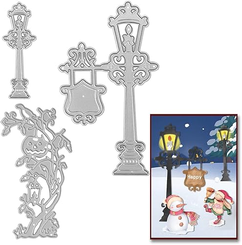 Miniatura 8 de Troquelado de metal para Halloween, lámpara de carretera, troqueles de corte de árbol de calabaza, plantilla de plantilla para hacer tarjetas,