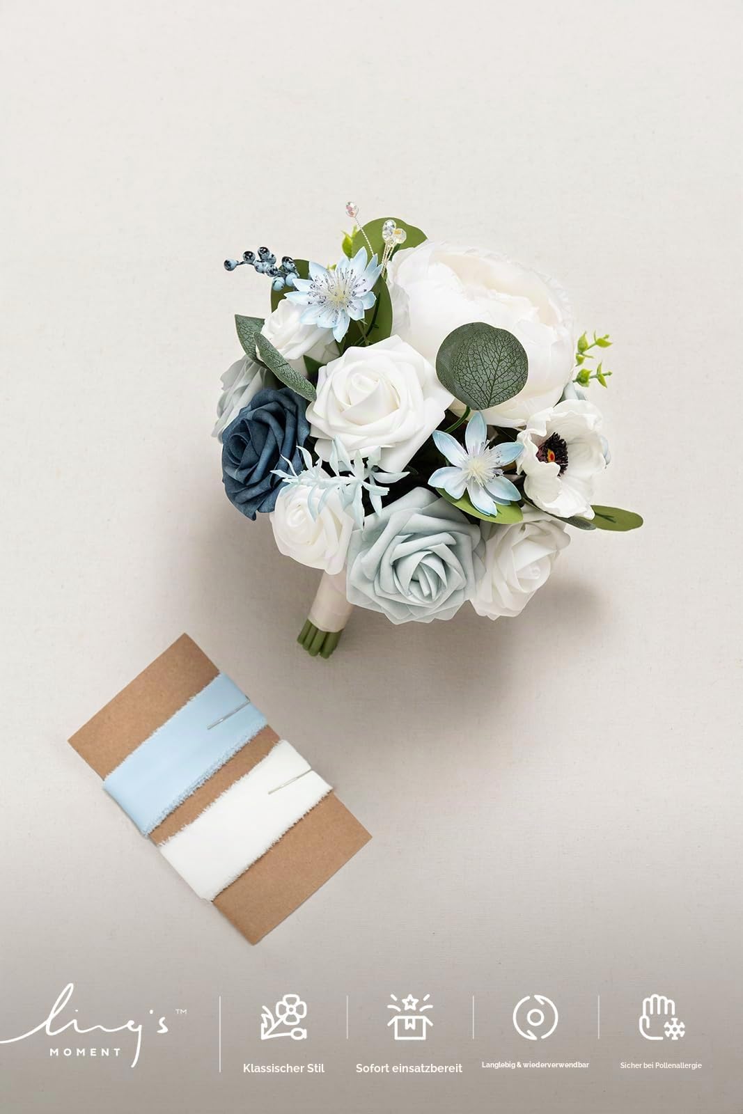 Ling's moment Künstliche Blumen Staubblau Brautjungfern-Strauß, Blau- und weiße Hochzeitsblumensträuße für Brautjungfern, 7 Zoll Brautsträuße für Brautjungfern, Hochzeit, Zeremonie, Jubiläum usw.