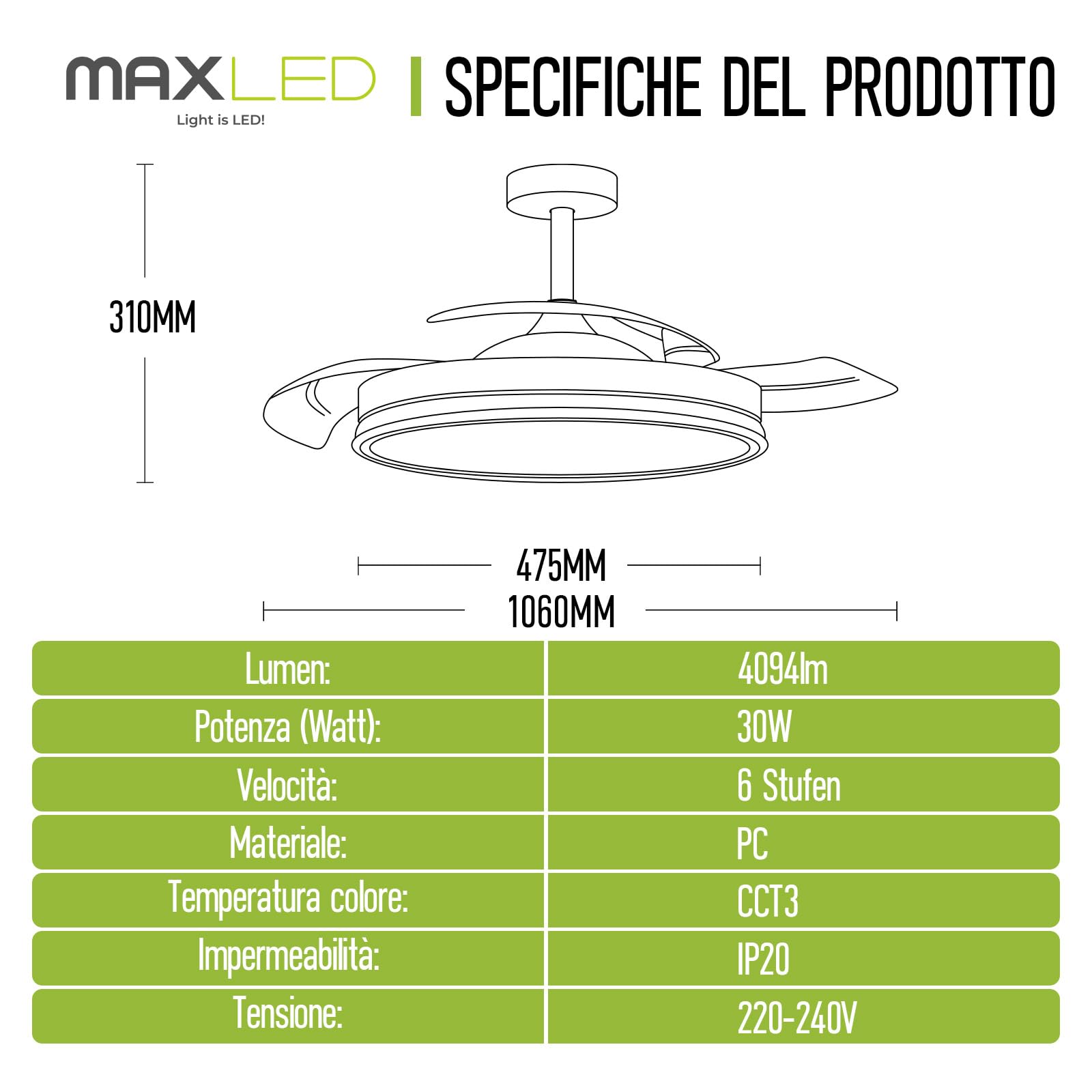 Ventilatore Soffitto Illuminazione LED 30W 3CCT 6500K/4500K/3500K 4094LM Dimmerabile 10%-100% 6 Velocità Timer Silenzioso per Soggiorno E Camera Letto Nero