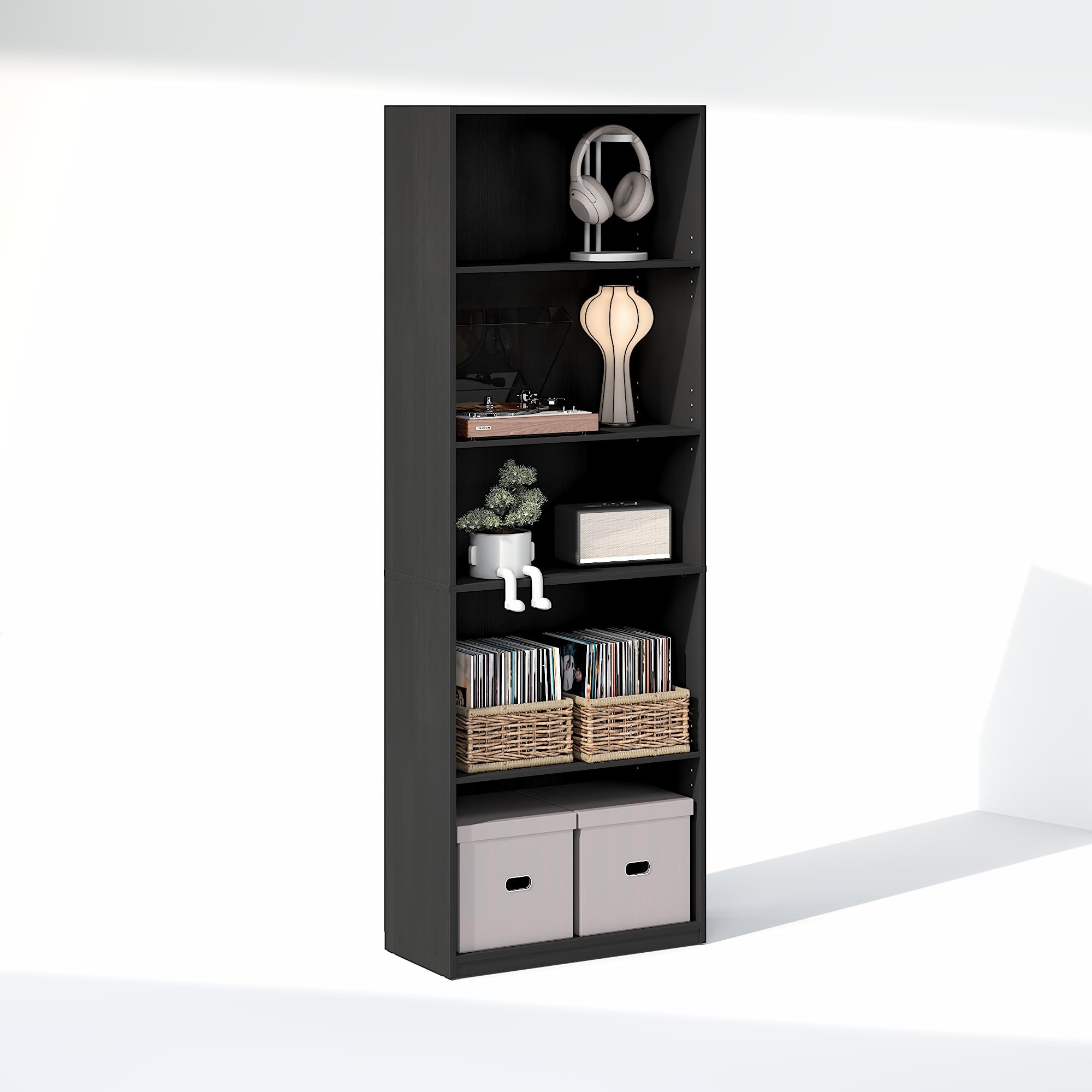Furinno GEHRY Scaffale DVD, Porta CD a 5 Ripiani, Scaffale Multimediale con Ripiani Regolabili, Mobile Porta DVD per CD DVD Dischi, Facile da Montare, Blackwood