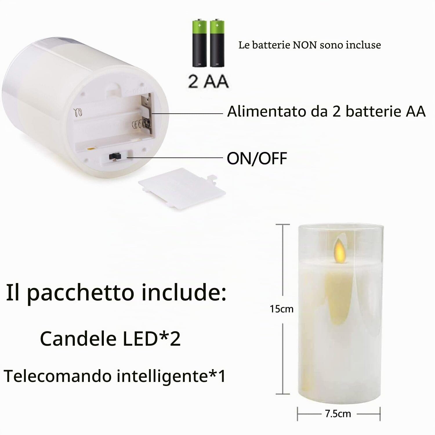 Candele LED 2 pezzi, Flickering Flameless Candele, Candele a Batteria with Glass con Telecomando a 10 Tasti, Realizzato in Vera Paraffina,con Funzione Timer 24 Ore per Decorazione, Festa-15cm Bianco