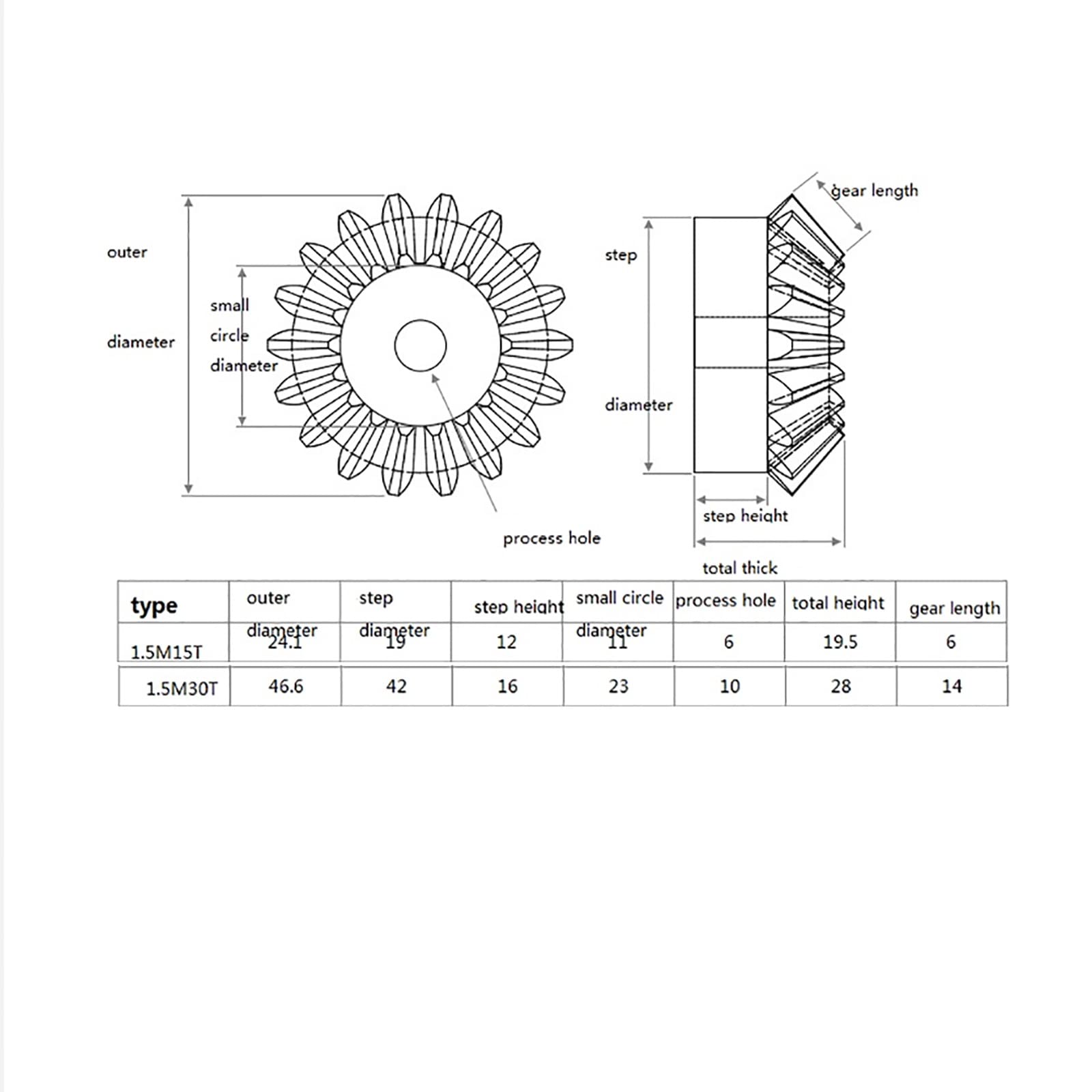 2 Ingranaggi Conici In Acciaio - 1.5 Moduli, 15 Denti, Foro 12mm, 90 Gradi Per Trasmissione - Foto 3