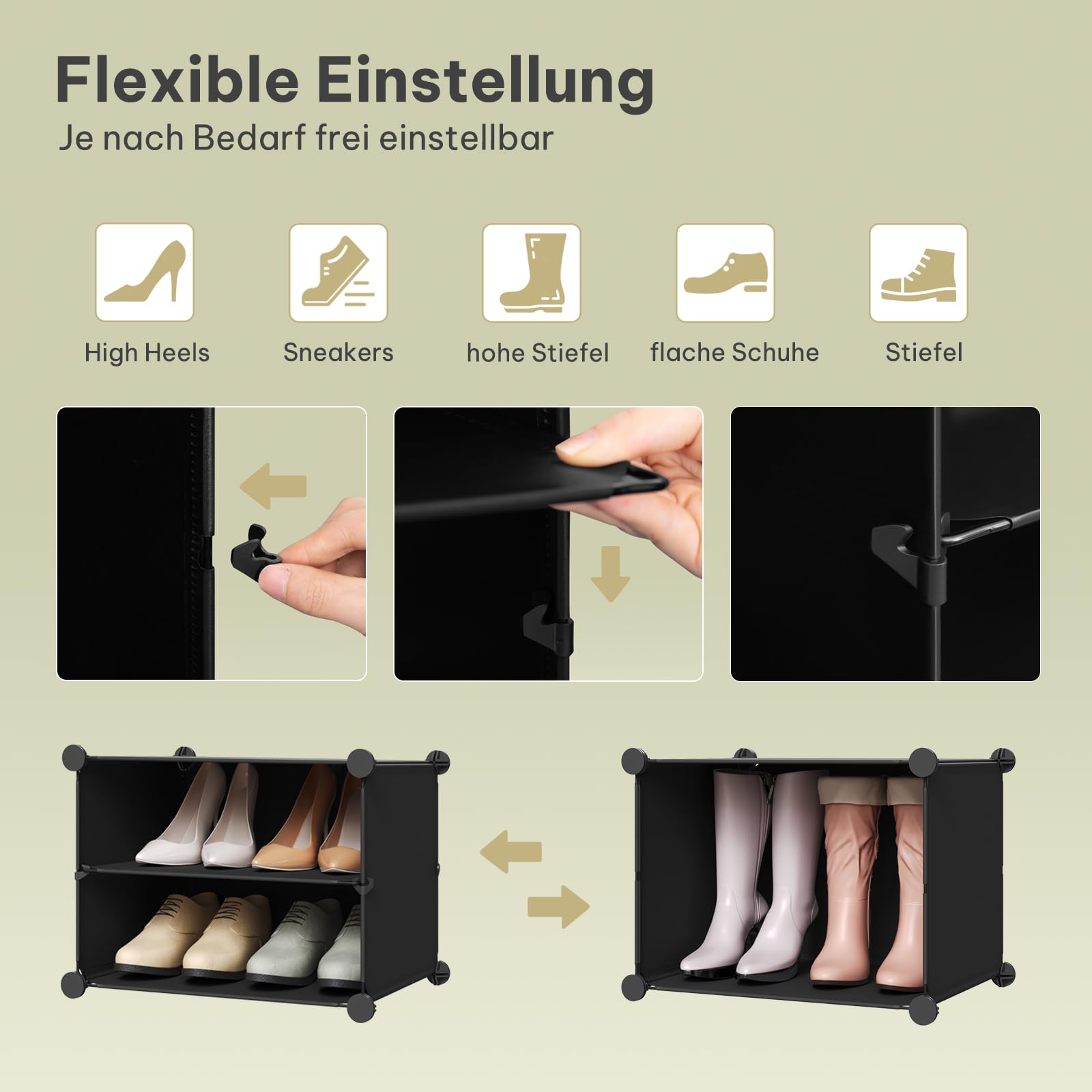 WOLTU Schuhregal, Schuhschrank mit 10 Fächern, Platzsparend, Mit Haken, Schuhablage Kunststoff, für Flur Schlafzimmer Eingang, Schuhaufbewahrung für 40 Paar Schuhe,Bis Größe 44, Schwarz