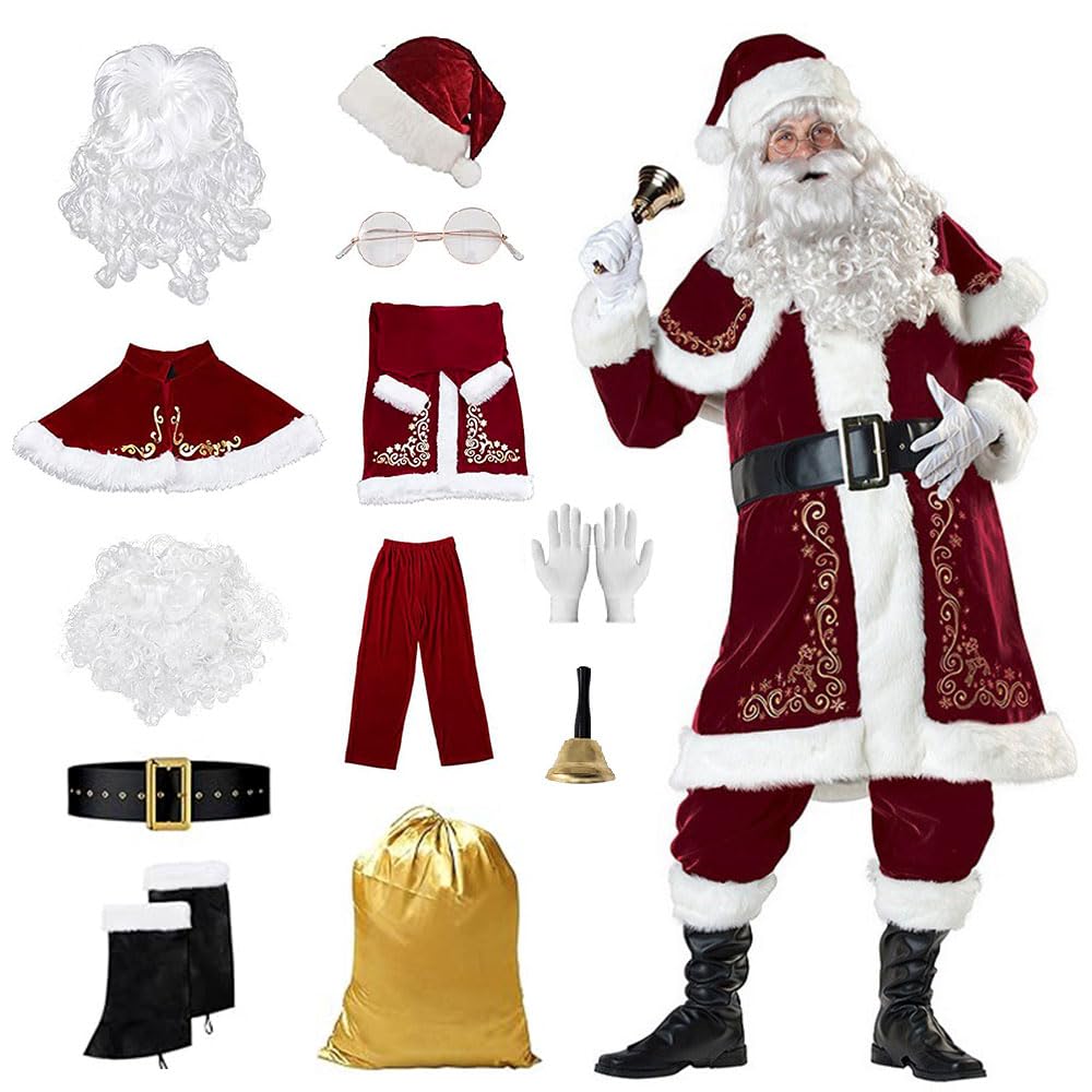 YSOAE 12PCS Adult Deluxe Velvet Santa Claus Costume Set, Christmas Men's Deluxe Santa Suit, Santa Claus Suit Outfit for Men in Christmas Holiday
