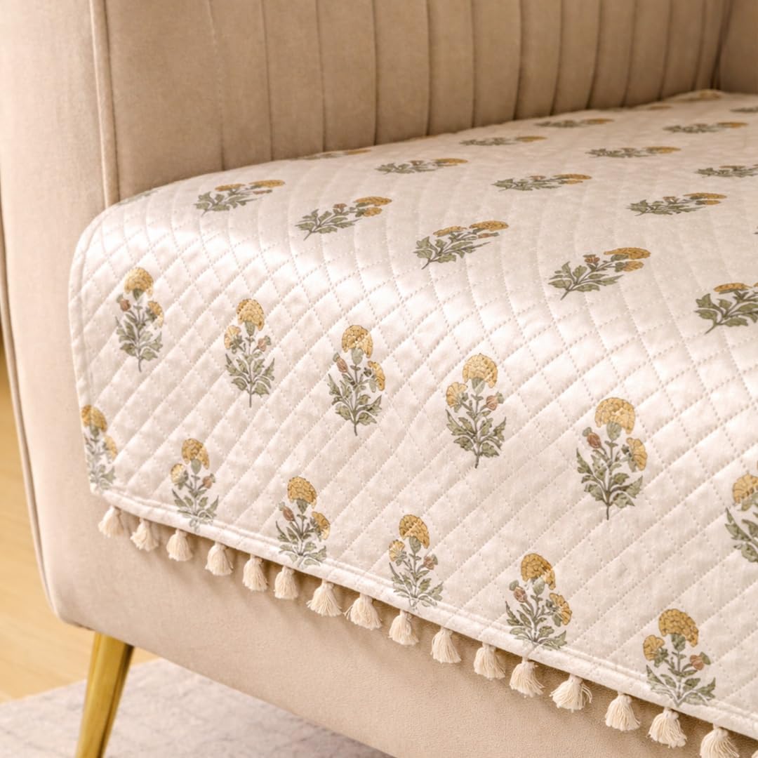 HOMEMONDE 1 Seater Quilted Velvet Printed Sofa Cover with Tassels |Soft, Durable & Premium Fabric with Tassels | Sofa Cover Mats for Living Room, Bedroom & Drawing Room (76 X 61 CM, Meadow Bloom)-image-46