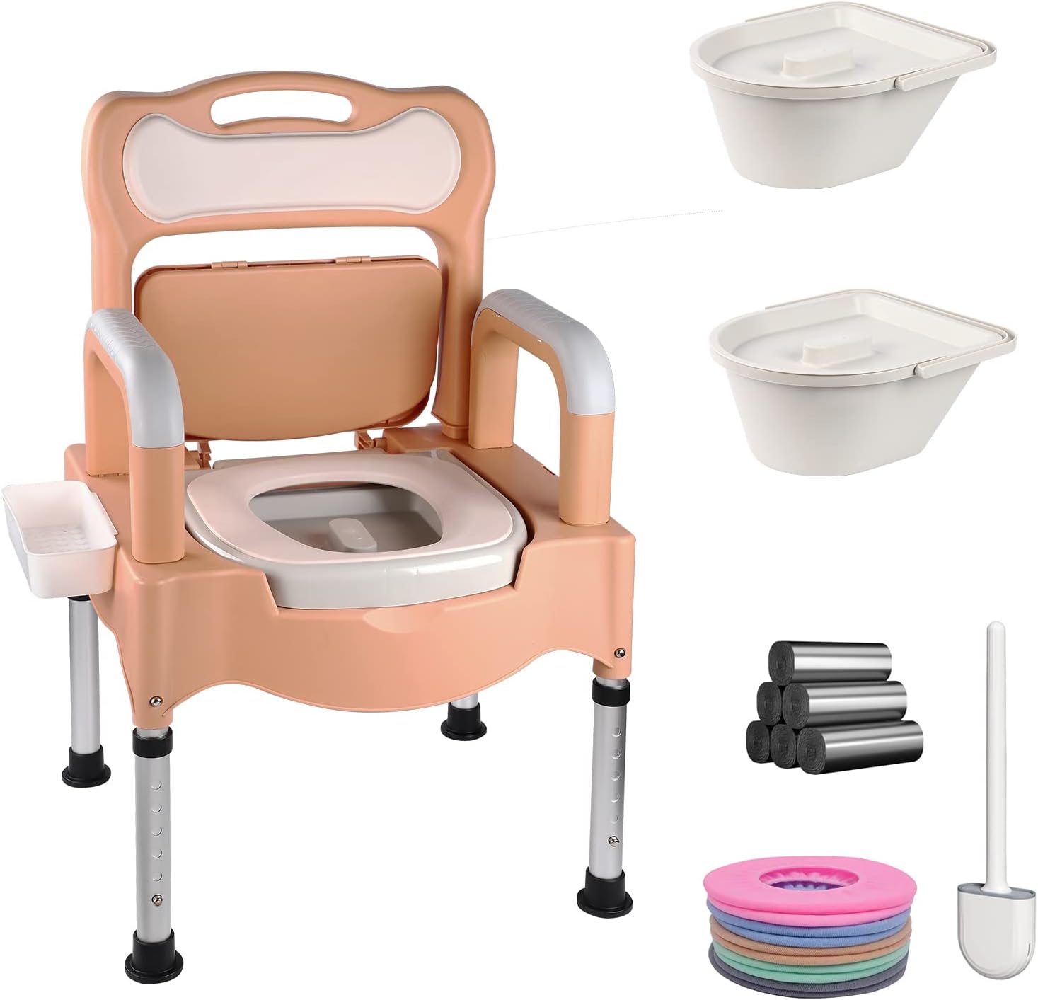 Bedside Commode，Height Adjustable Handicap Shower Mobile Toilets，Portable Home Bedside Commode Chair Adult Potty Chair for Seniors，with Armrests and Tissue Box (Khaki)