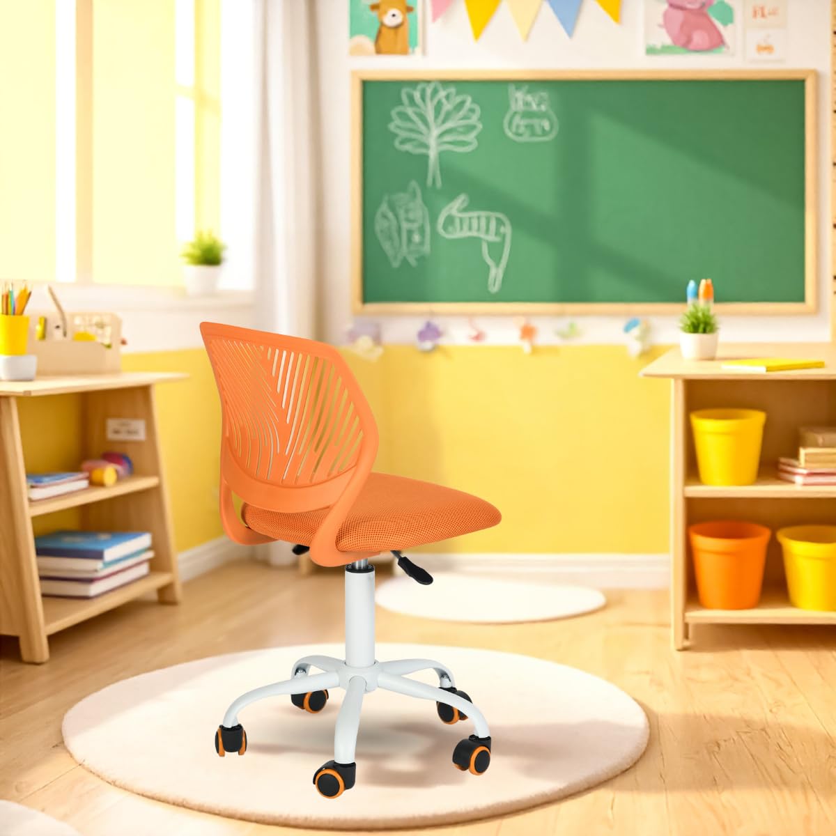 FurnitureR Sedia ergonomica compatta per scuola, schienale in rete traspirante, altezza regolabile, arancione