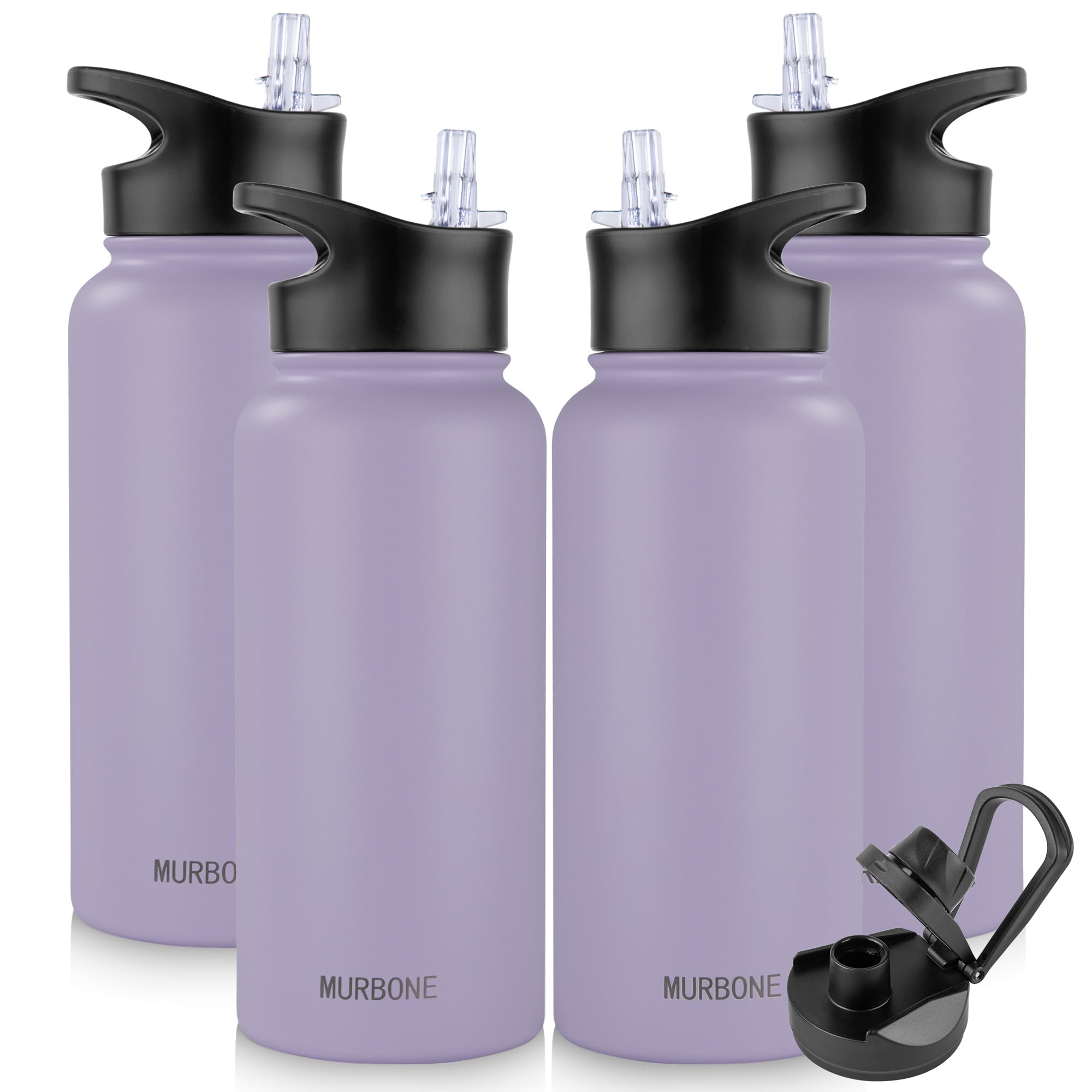 MURBONE Edelstahl Trinkflasche 1L (+2 Deckel)-mit Strohhalm,BPA frei,Thermosflasche Auslaufsicher,Kohlensäure Geeignet,Thermoskanne Vakuum Doppelwandisolierung für Sport, Reisen, Camping(4er Set)