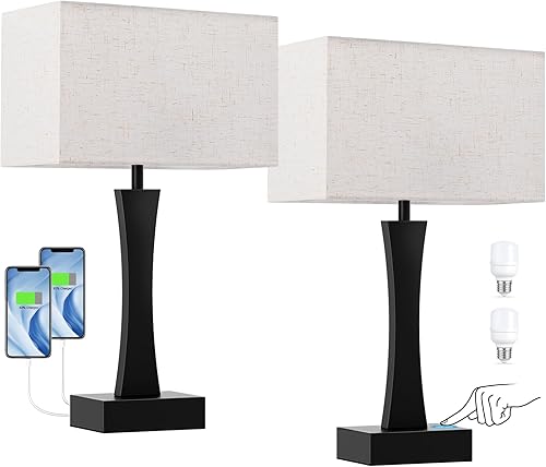 Miniatura 8 de Lámparas de noche para mesitas de noche, lámpara de mesa regulable de 3 vías para dormitorio con puertos USB C+A, juego de 2 lámparas de noche