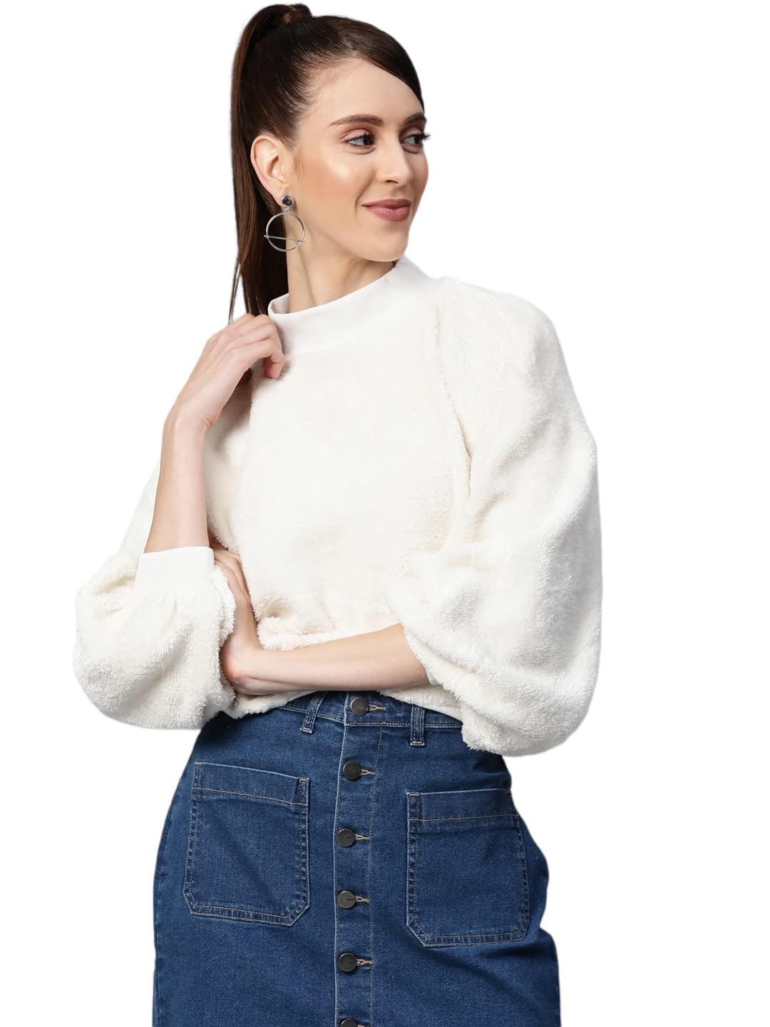 White Balloon Sleeve Faux Fur Sweatshirt