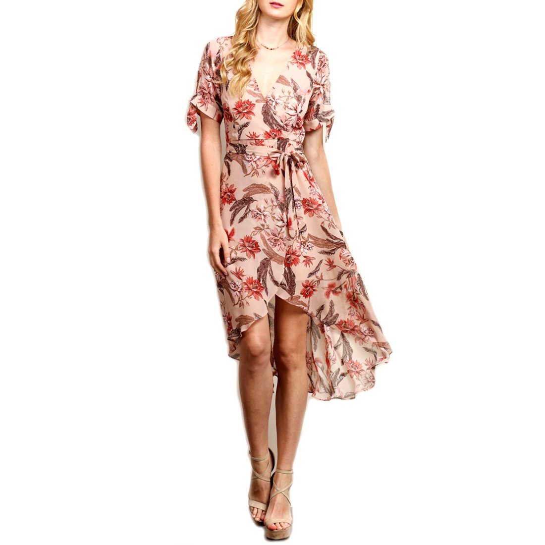 Soieblu Floral Print Taupe Short Sleeve V-Neck Maxi Dress, Small, Pink