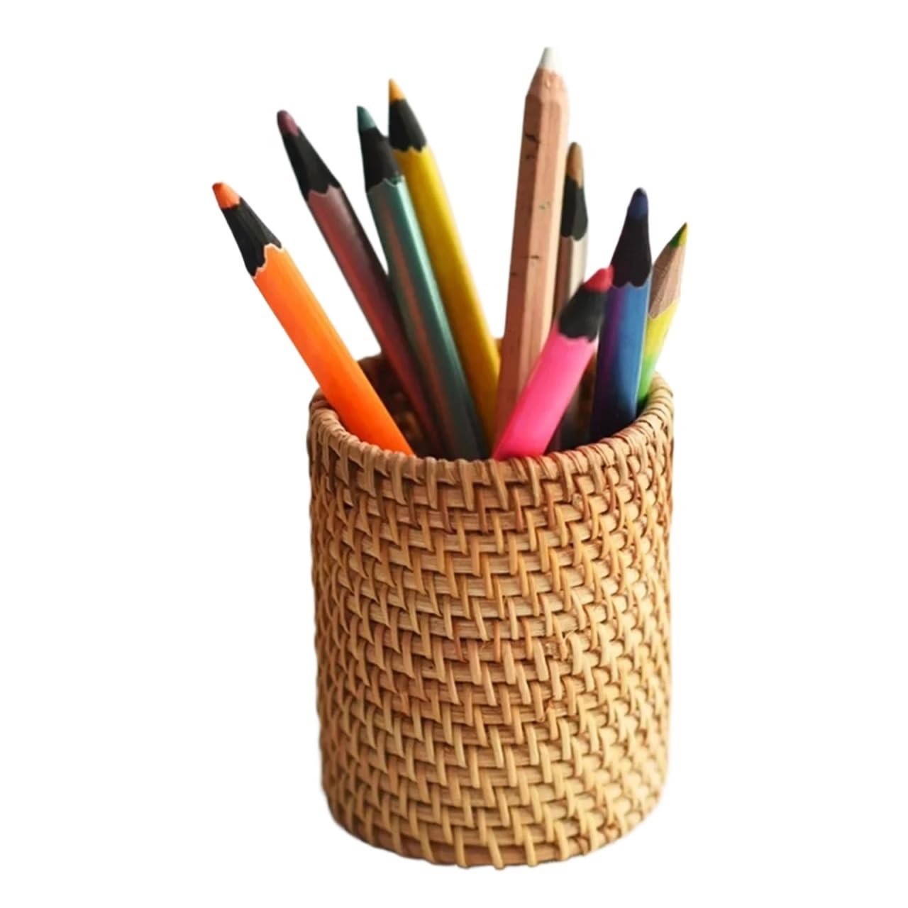 KHASCBNF Wooden Pen Holder Handmade Rattan Storage Box Cosmetic Pen Holder Tea Ceremony Accessories Tableware Decoration(Cylindrical)