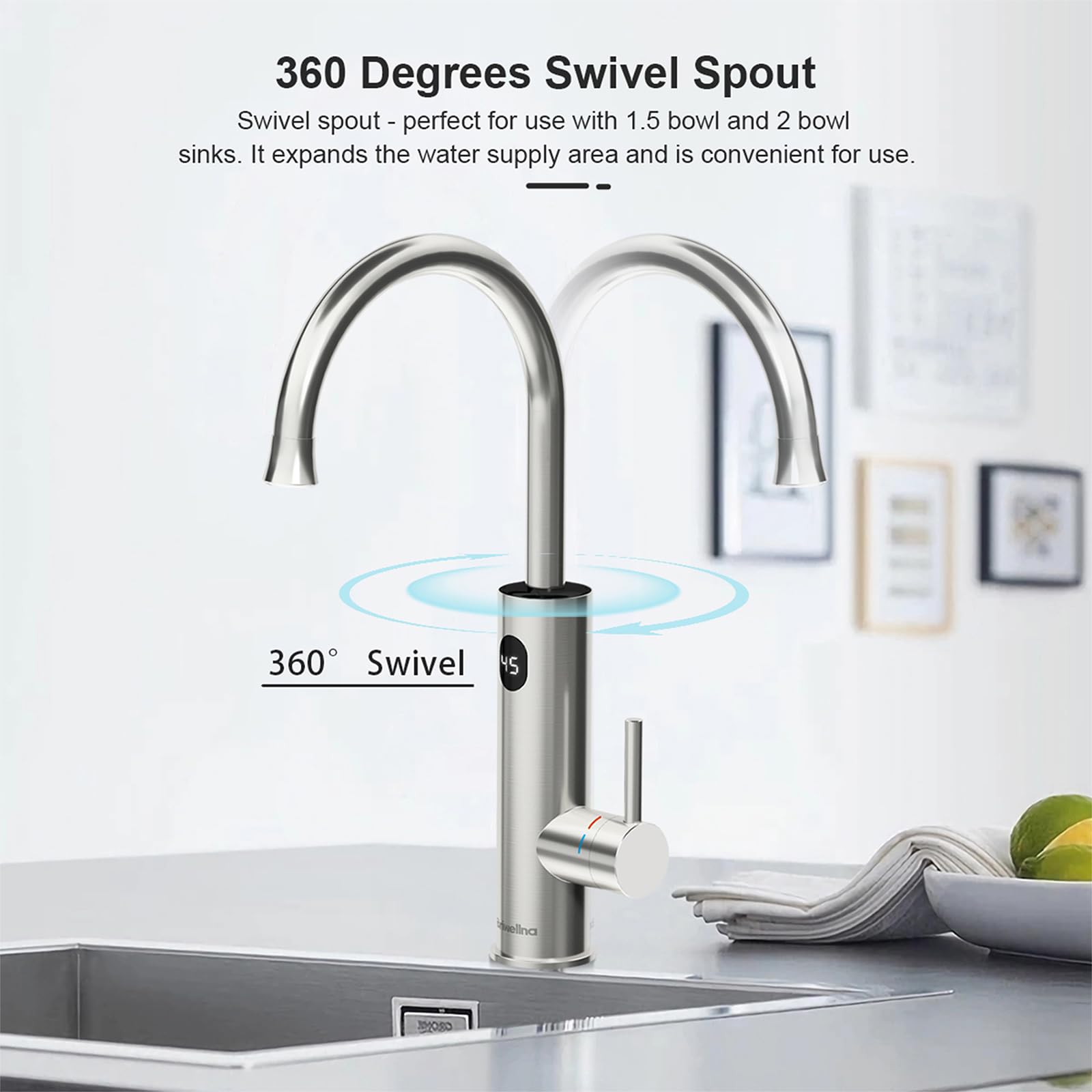 Grifo de agua caliente inoxidable con pantalla digital, grifo de calentador de agua instantáneo giratorio de 360 grados, grifo de calentamiento rápido, grifo de calefacción eléctrica