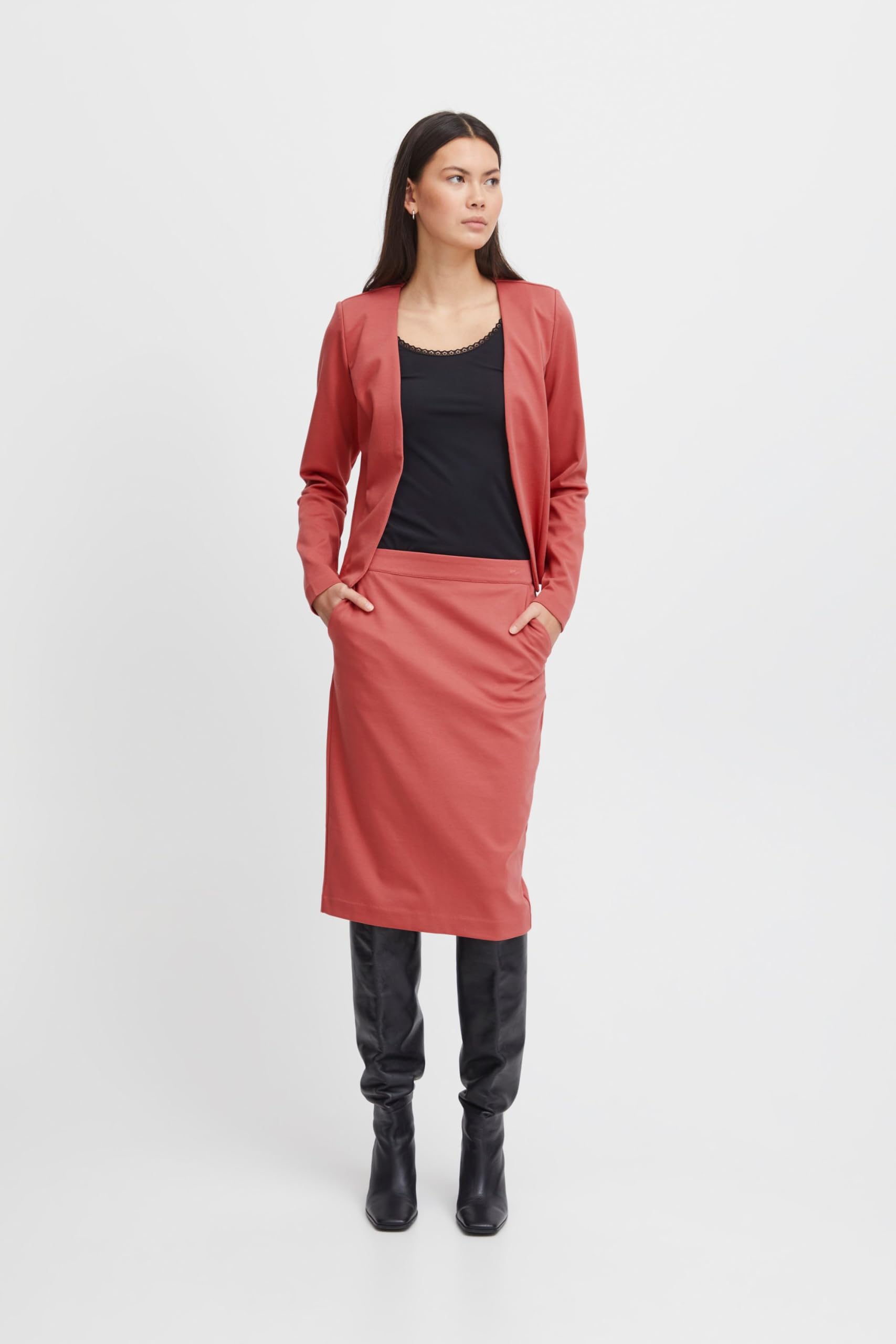 ICHI IHKATE SUS Office SK Damen Kurzer Rock Midi-Pencilskirt mit Schlitz Stretch Slim-Fit