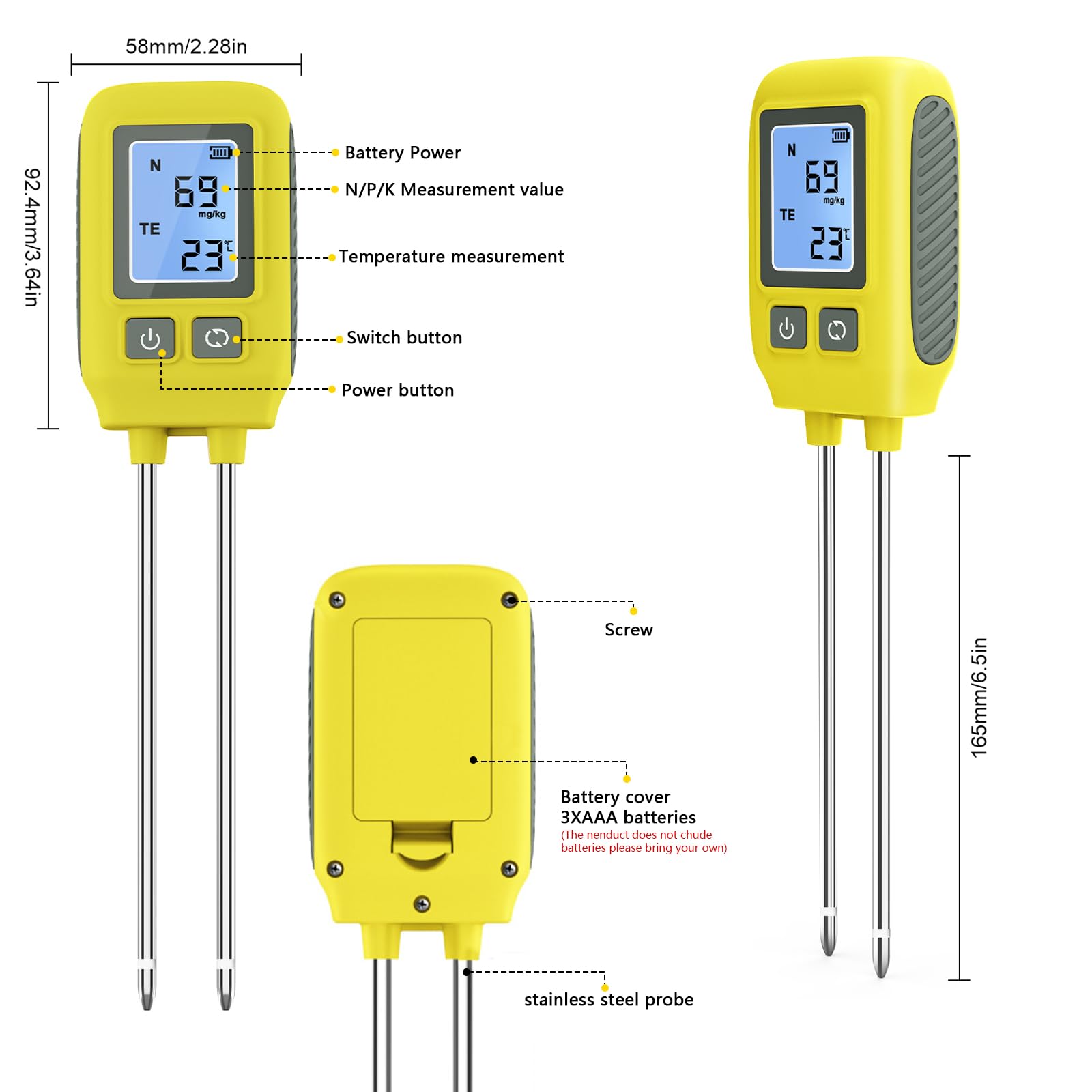 WingFly Medidor de suelo 4 en 1 NPK, instrumento de medición de suelo P/N/K Detector de oligoelementos, dispositivo de prueba de suelo preciso y reutilizable para nitrógeno, fósforo, potasio
