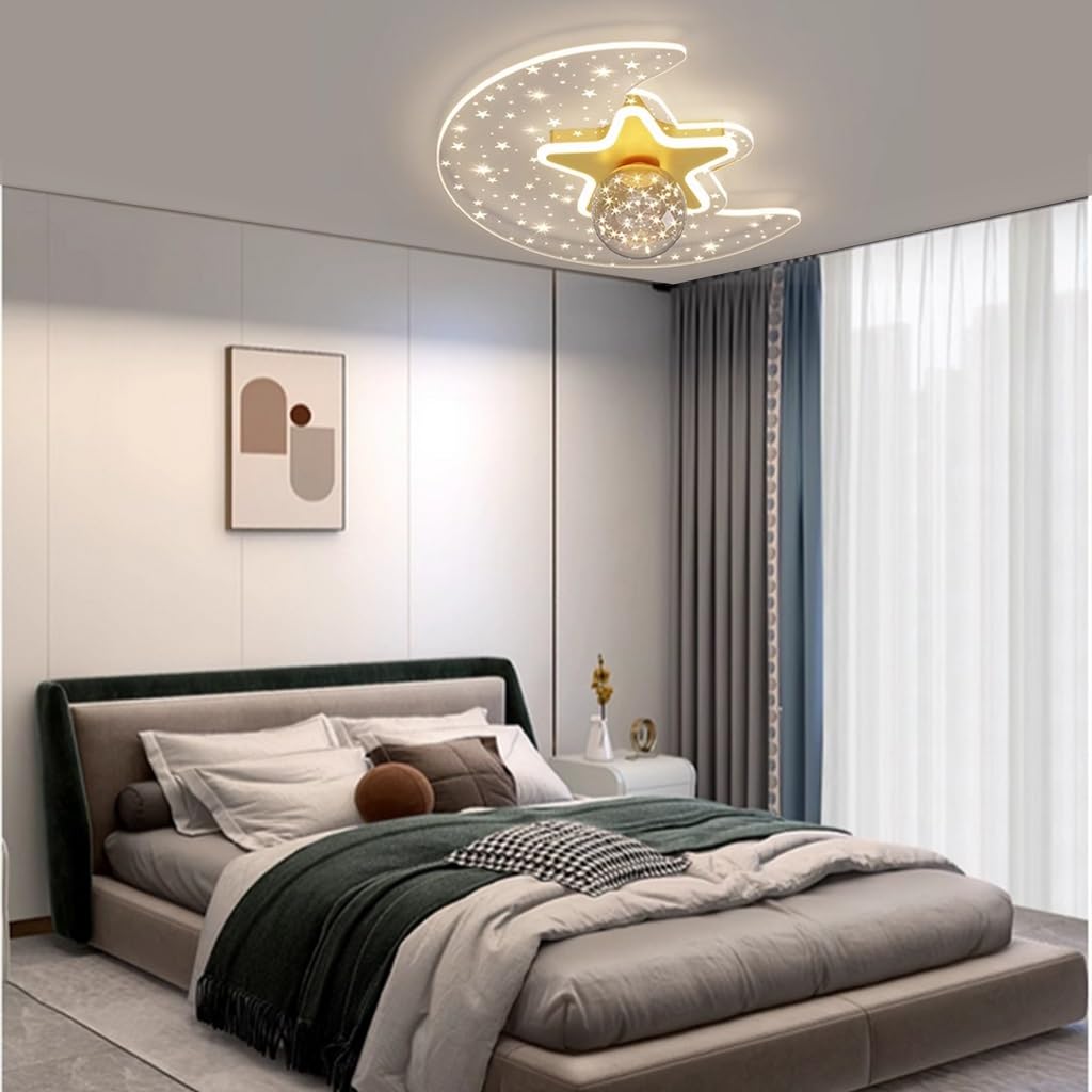 Harpochten Children's Room Lamp LED Children's Room Ceiling Light Modern Dimmable Ceiling Lamp Large With Remote Control Boys Girls Hanging Lamps Bedroom Living Room Star Moon Glass Interior Lighting(