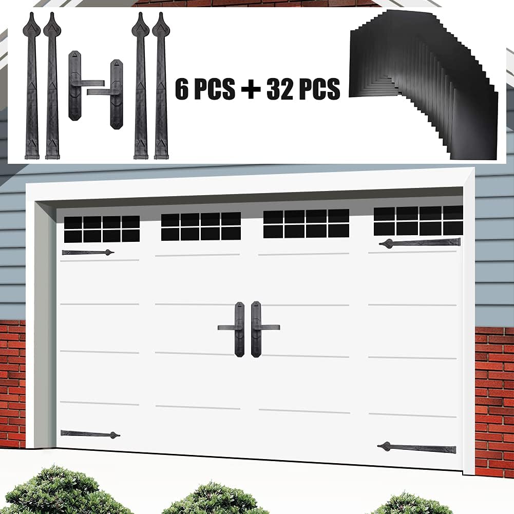 Garage Door Magnetic Decorative Hardware Kit,6pcs Black Door Hinges Handles and 32pcs Garage Door Windows Inserts,Magnetic Garage Door Decorative Hardware,Faux Hinges Curb Appeal Garage Door Decor Kit