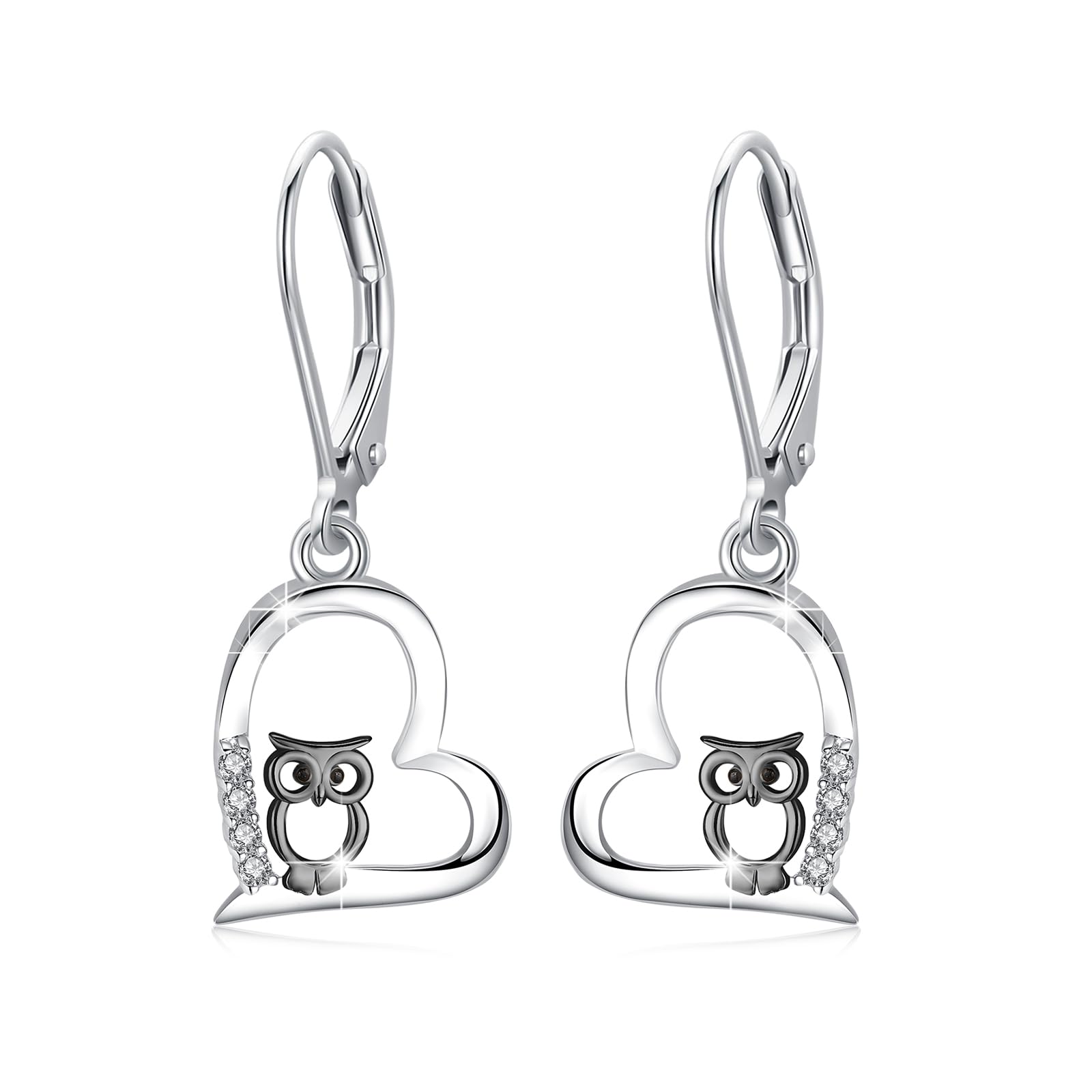REDSUN Boucles d'oreilles hibou en forme de cœur en argent sterling 925 pour femme - Boucles d'oreilles pendantes en forme de chouette noire - Cadeau hypoallergénique pour filles, femmes, femmes