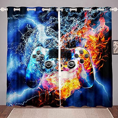 Loussiesd Boys Black Gamepad Curtains Gamer Drapes For Kids Children Teens Video Game Window Curtain Panels Modern Game Controller Window Treatments Blue Room Decor W46*L54