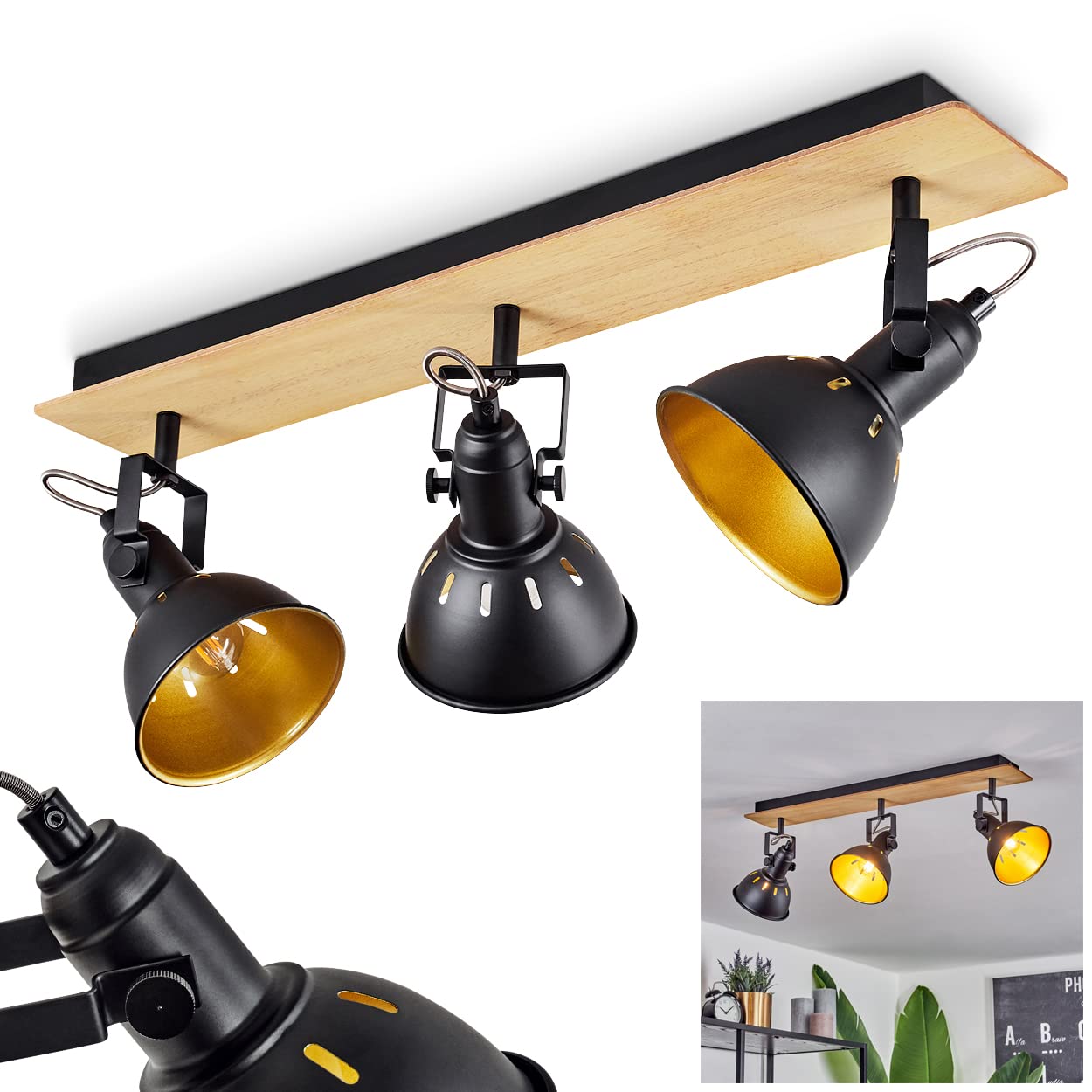 Hofstein Black Ceiling Lamp Tina, Modern Ceiling Lamp Made Of Metal/Wood In /Chrome/Gold/Nature, Light In Retro/Vintage Design With Adjustable Lampshades And Light Effect, 3-Flame, 3 X E14, Without Bulbs