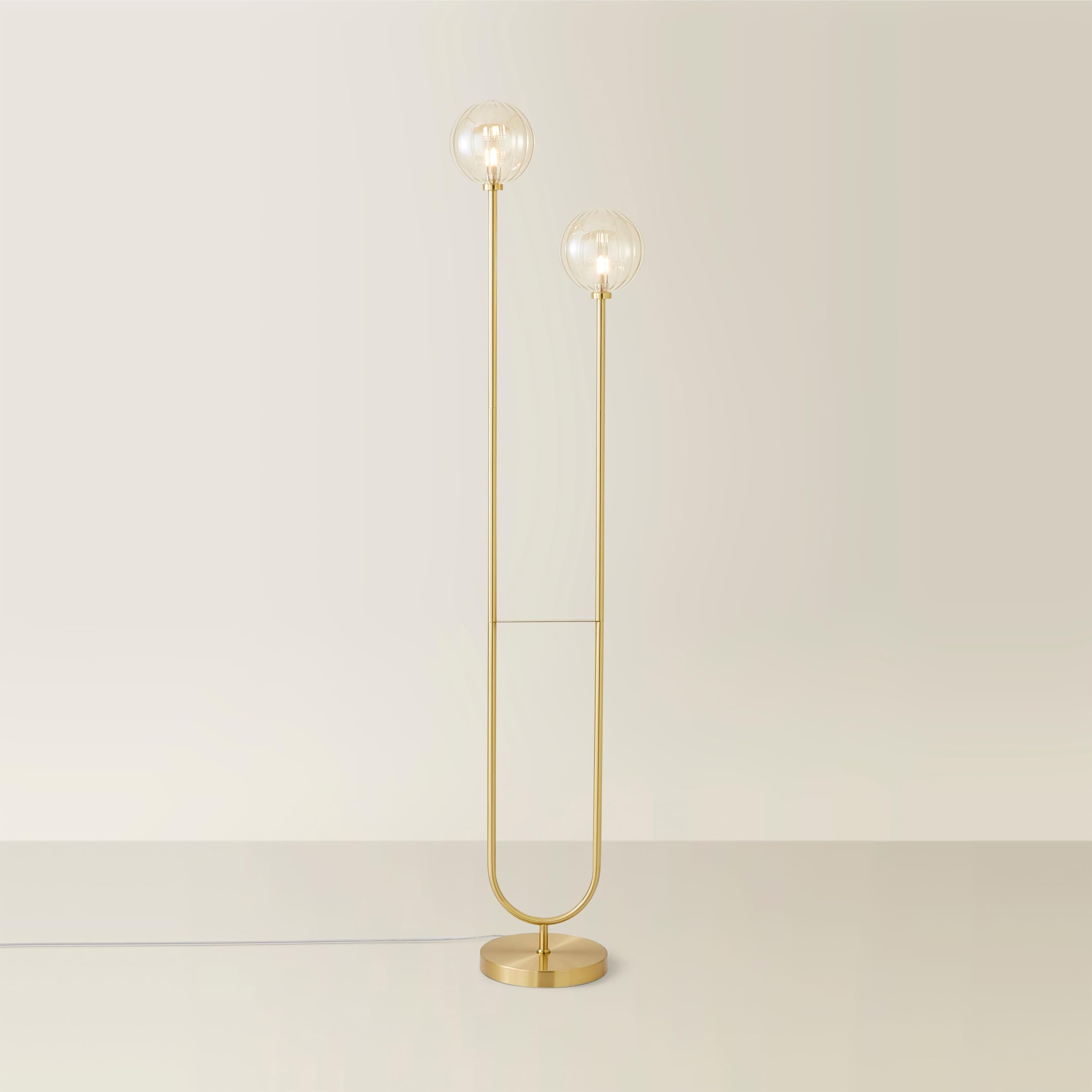 ValueLights | Gold Metal Bar 2 Way Dual Floor Lamp with Amber Ribbed Glass Globe Shades | Floor Lamps & Torchieres, Home Décor & Improvement Essential