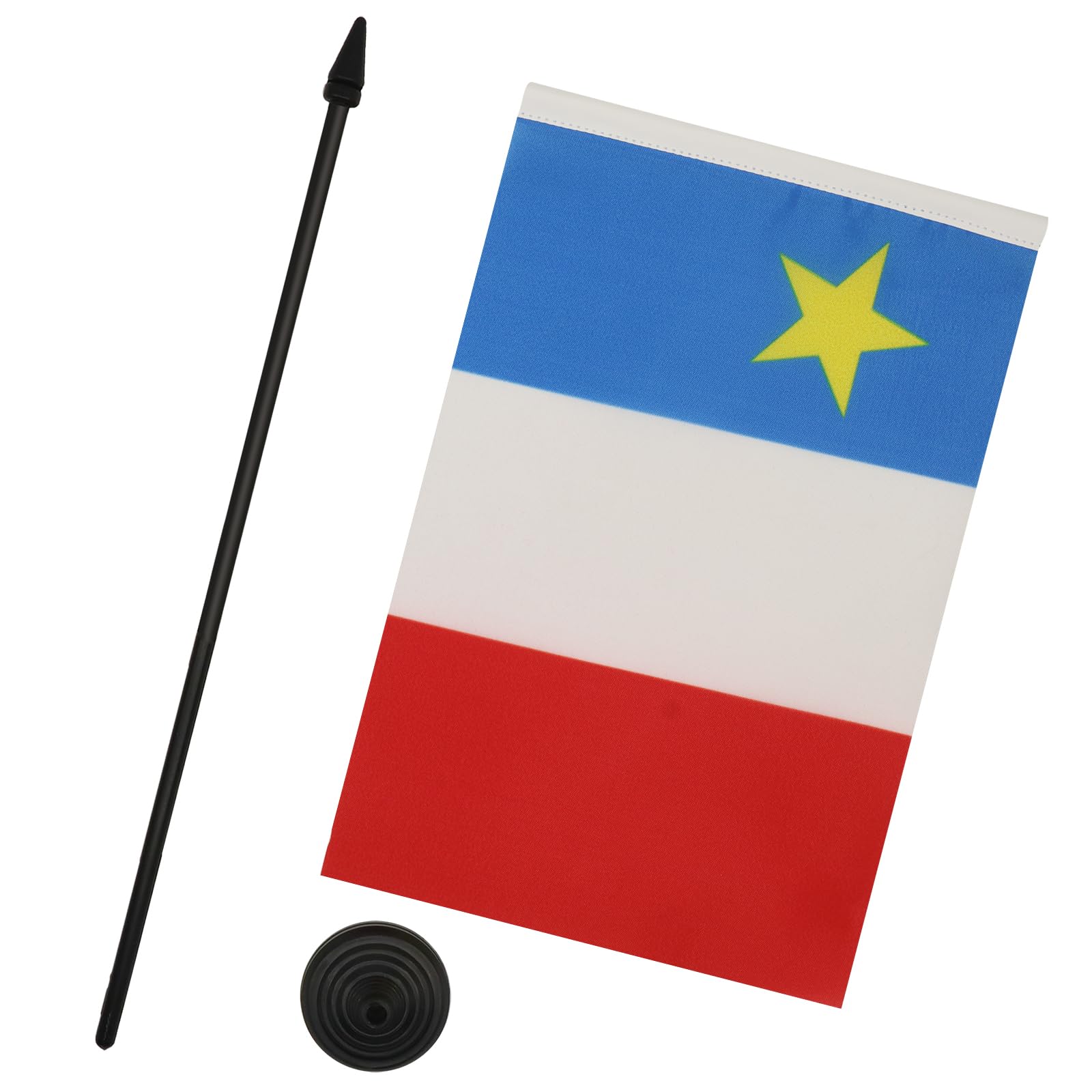 Drapeau De Table Acadie 21x14cm - Avec Hampe 25cm Et Socle Noir, 100% Polyester, Fabrication Française