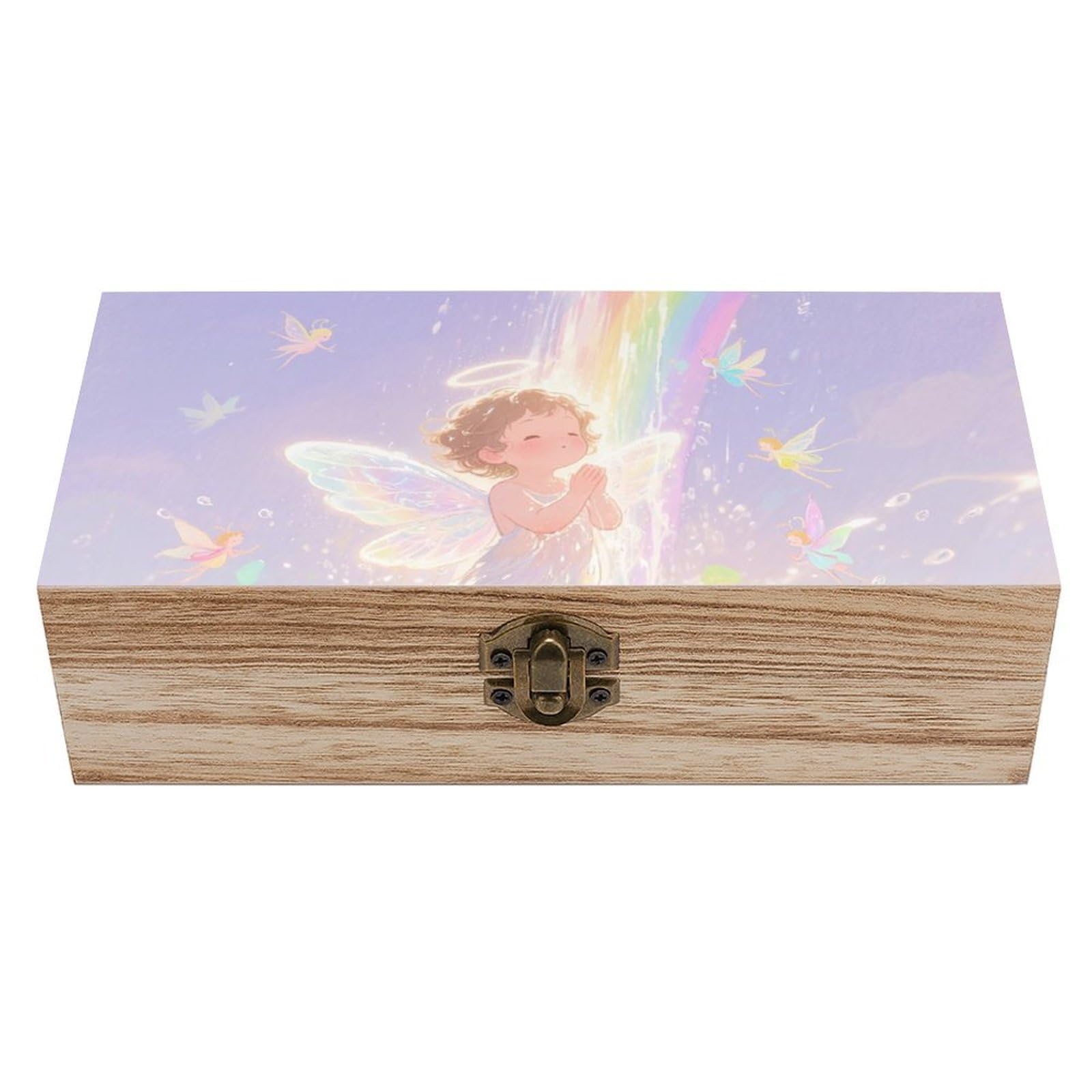 Oudrspo Watercolor Angel Wooden Keepsake Box Decorative Memory Storage Box with Hinged Lid Small Jewelry Keepsake Boxes for Storing Gift Pictures Letters Time Capsule