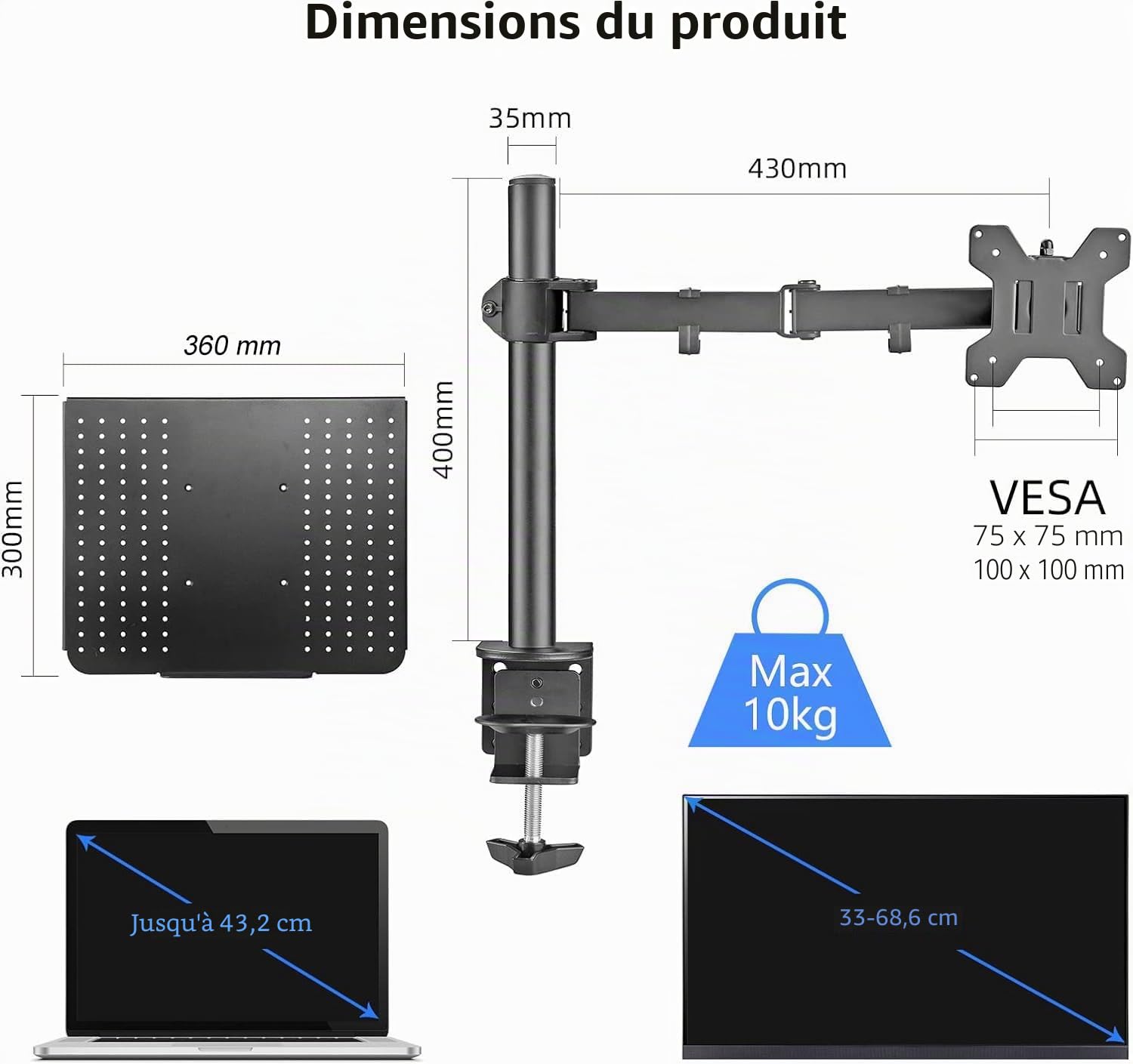 Suptek Support Ecran PC Bras pour Écran LCD LED 13-27 Pouces Ordinateur Portable 17 Pouces 360° Rotation