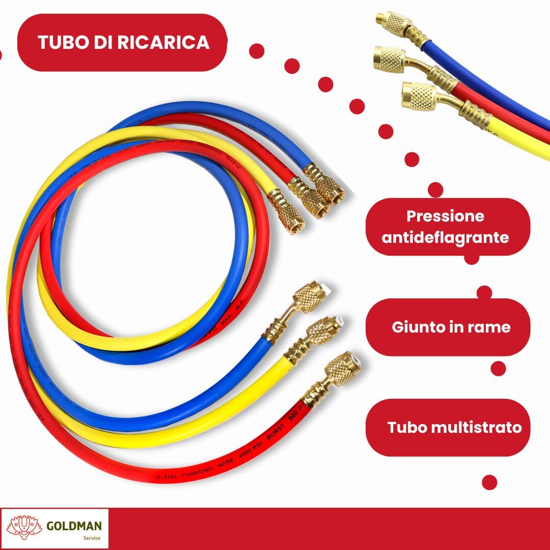 GOLDMAN SERVICE | Kit Manometro Climatizzazione con 3 Tubi di Ricarica e Misura di Gas Refrigerante per Auto AC | R410A R407C R32 R134a