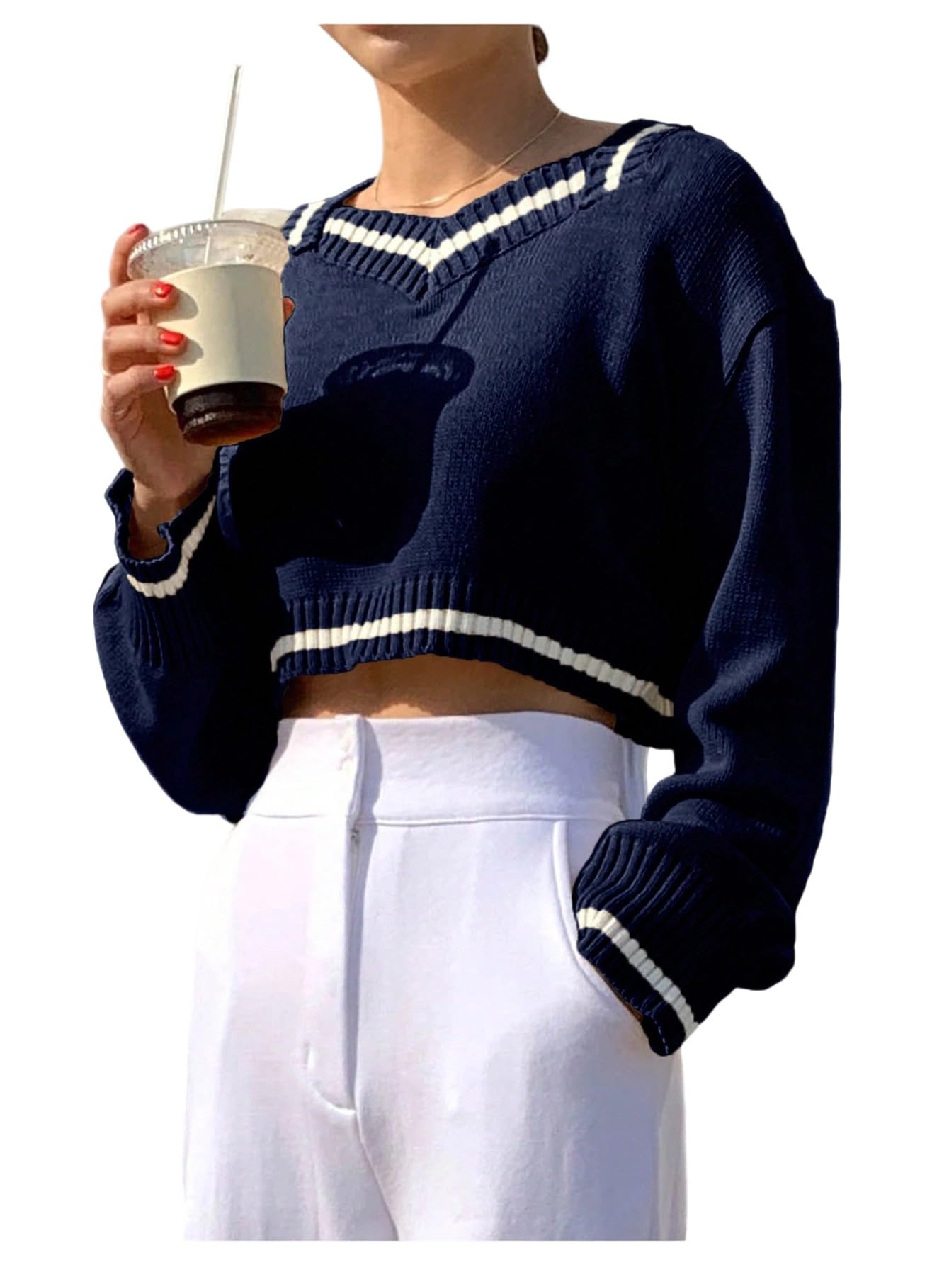 MakeMeChic Womens Cropped Pullover Sweater Cozy Preppy Long Sleeve Striped Knit Tops