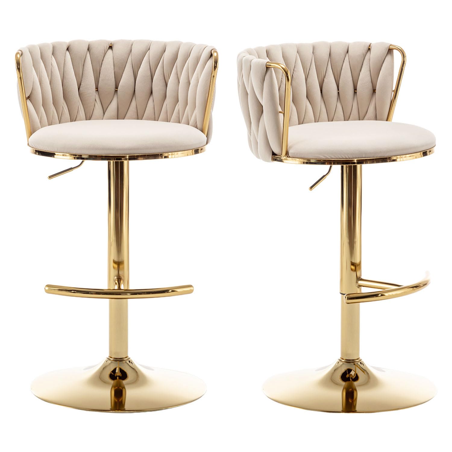 velvet bar stools set of 2, counter height bar chairs with low back, gold swivel bar stools for kitchen island, bar pub (beige)