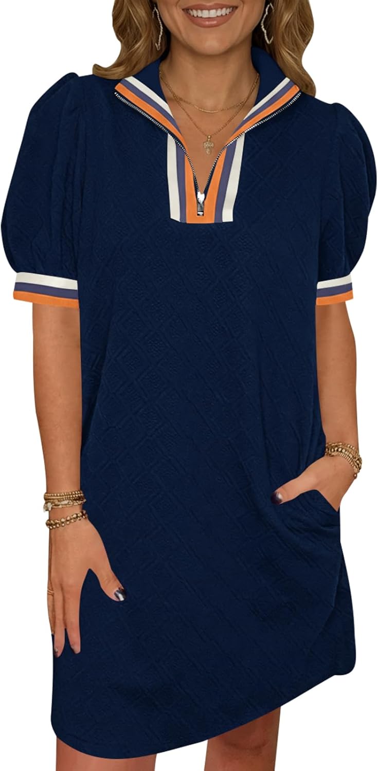 Fisoew Womens Summer Puff Short Sleeve Mini Dress Quarter Zip V Neck Casual Textured Loose Fit Active Sweatshirt Dresses