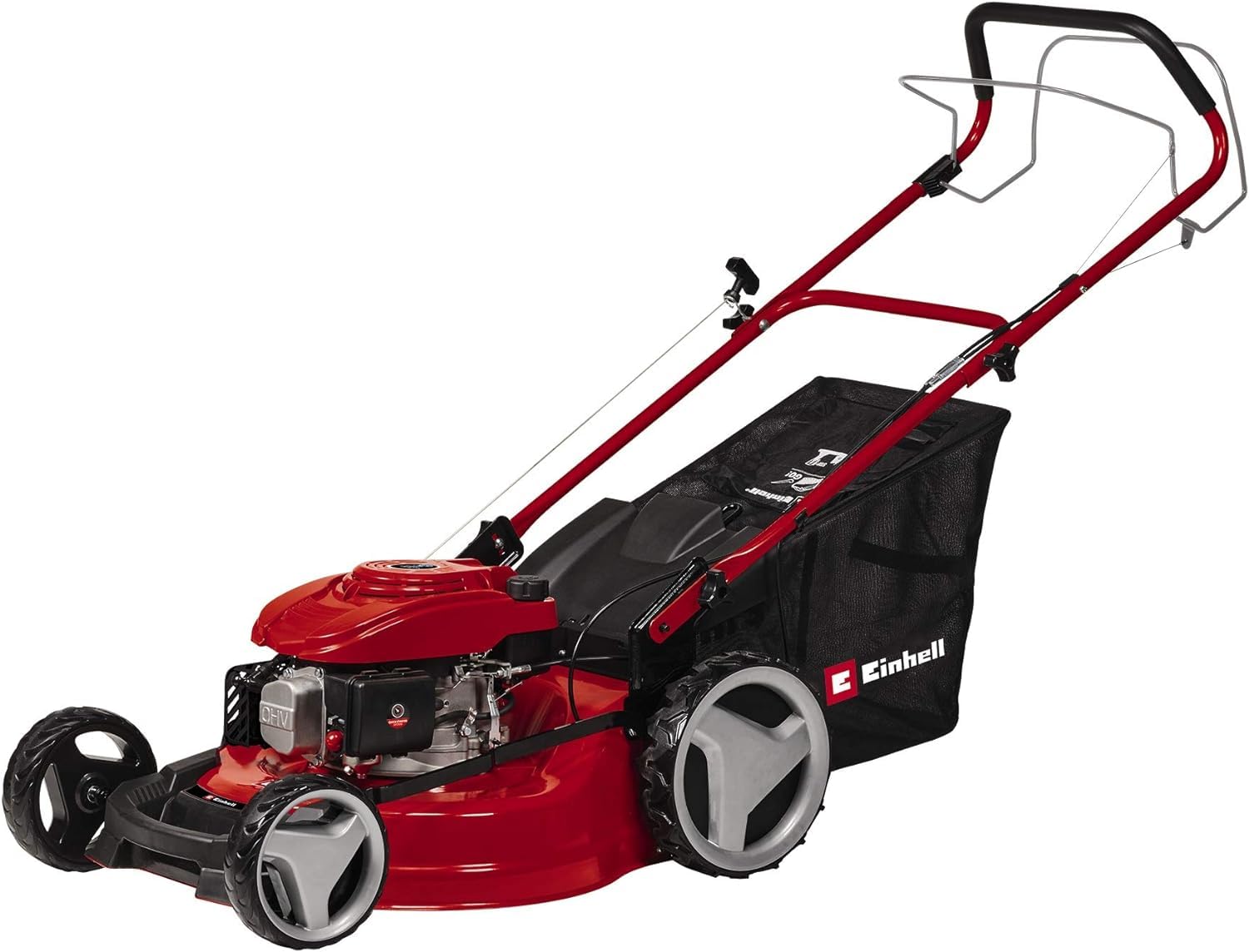 Einhell Benzin-Rasenmäher GC-PM 51/3 S HW (2.7 KW, 4-Takt-Motor, 51 cm Schnittbreite, bis zu 1800 m², abschaltbarer Hinterradantrieb, 6-stufige zentrale Schnitthöhenverstellung, Grasfangsack 70 L)