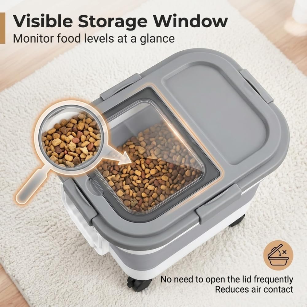 Collapsible Pet Food Storage Container, Airtight Dry Kibble Container with Detachable Wheels and Handle Storage Bin, Foldable Dog Cat Food Holder for Pantry Organization, 38.5 lbs