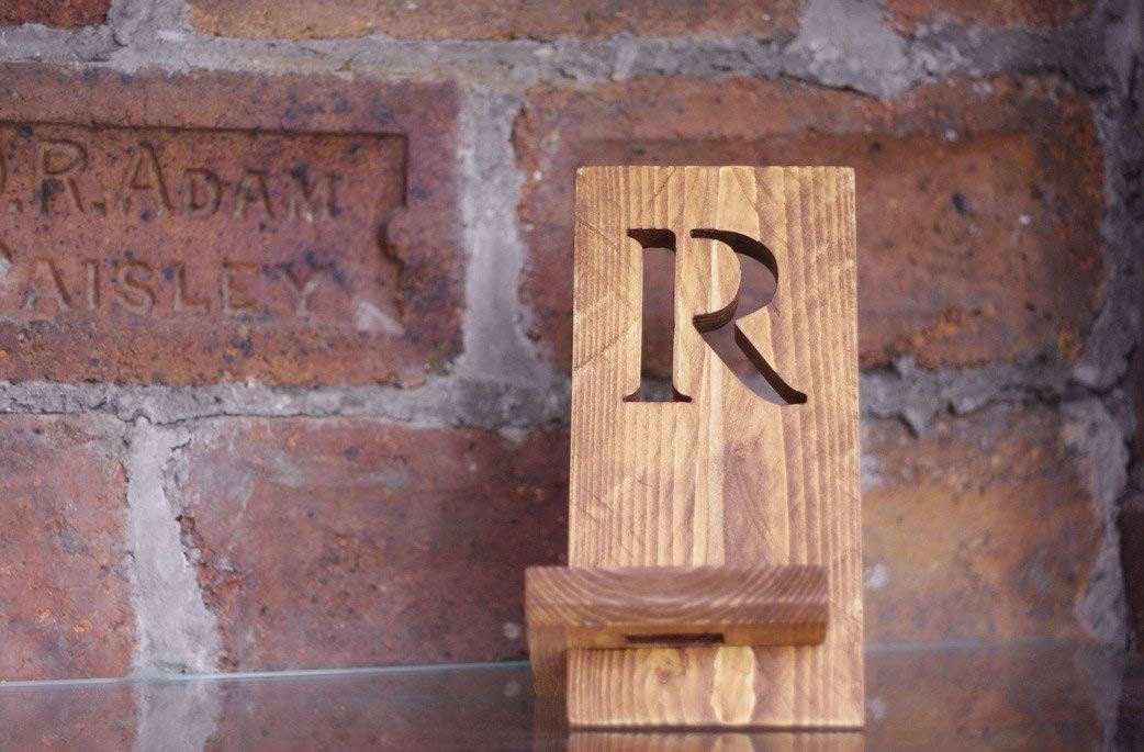 Personalised phone stand, Initial phone charging dock, Cut out letter phone docking station, rustic iPhone stand, barn country style phone stand gift