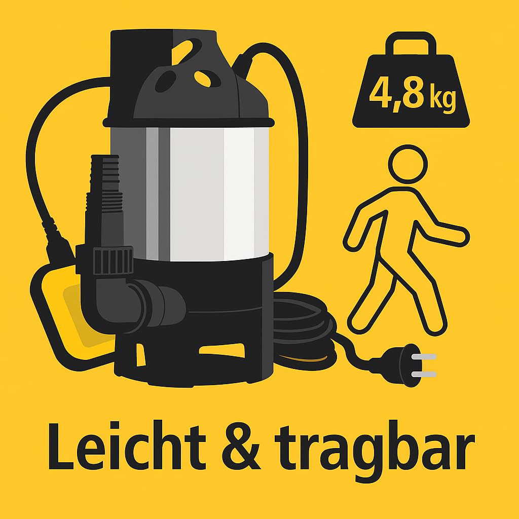 Schmutzwasser-Tauchpumpe 550W – 12.500 l/h – Automatik mit Schwimmerschalter – Kellerpumpe, Gartenpumpe, Regenwasser, flachsaugend – 10 m Kabel, max. 7 m Förderhöhe