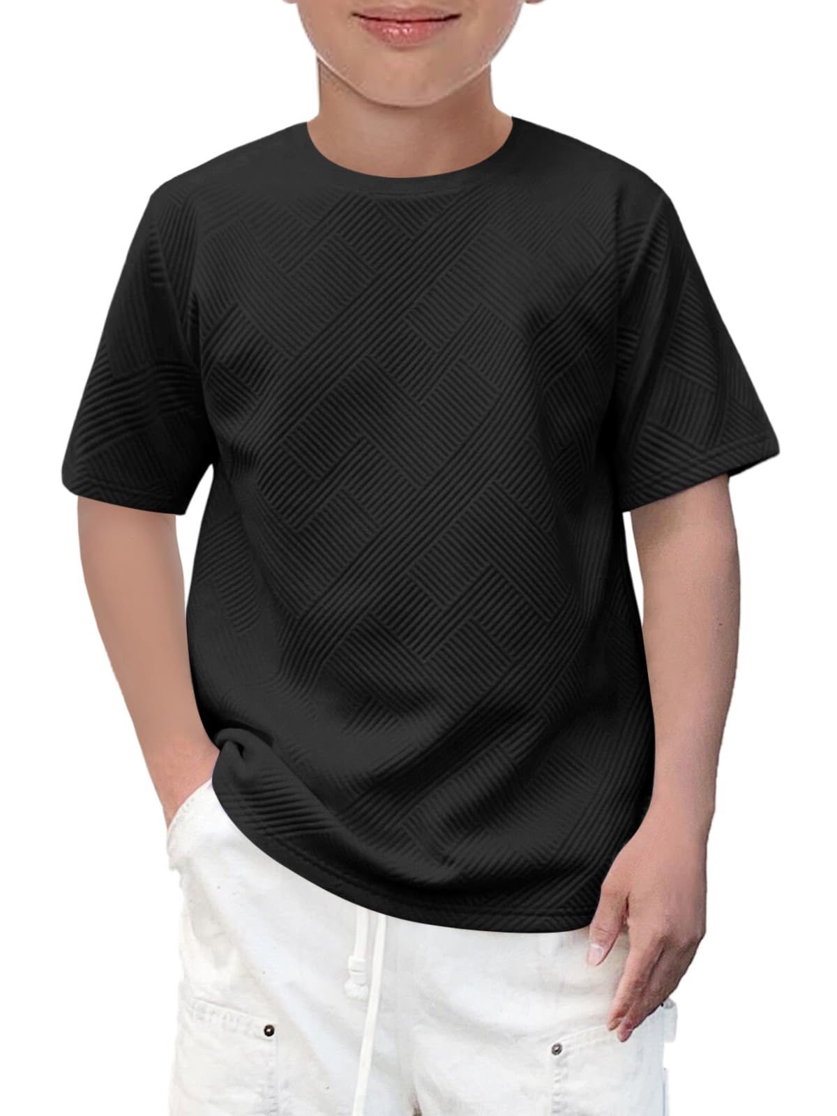 Haloumoning Boys Geometric Texture T-Shirts Kids Fashion Crewneck Short Sleeve Loose Tops Tees 5-14 Years