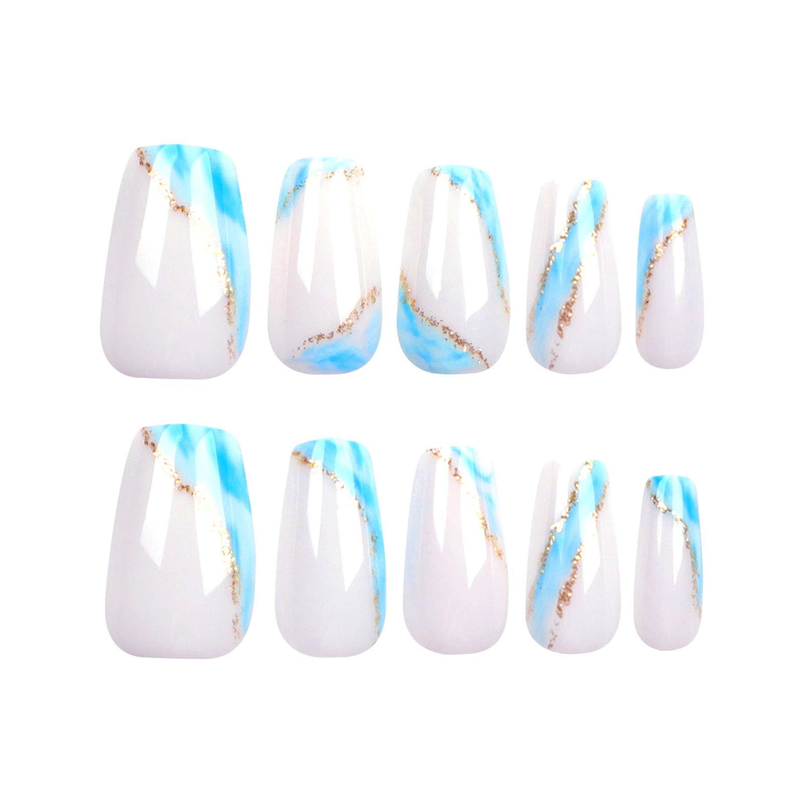 Summer Press on Nails Short Fake Nails with Blue Glitter Designs Coffin Nails Press ons French Tip Glue on Nails Nude Acrylic Nails Spring False Nails Natural Stick on Nails for Women 24Pcs