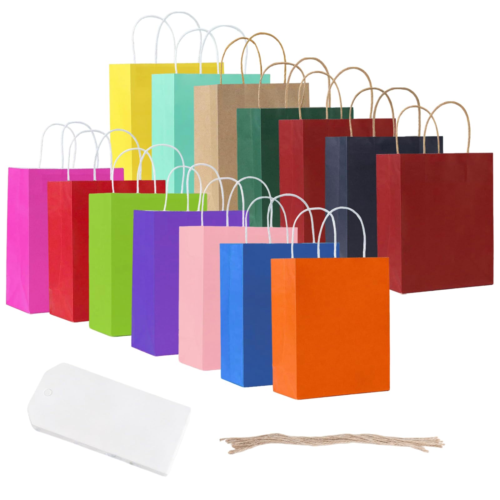 WOKICOR Geschenktüten 14 Stück Kleine Papiertüten mit Henkel, Bunt Geschenktaschen, Geschenktütenmit Weißem Anhänger und Jute, Perfekte Geschenktasche für Kindergeburtstag, Party 15 x 8 x 21 cm