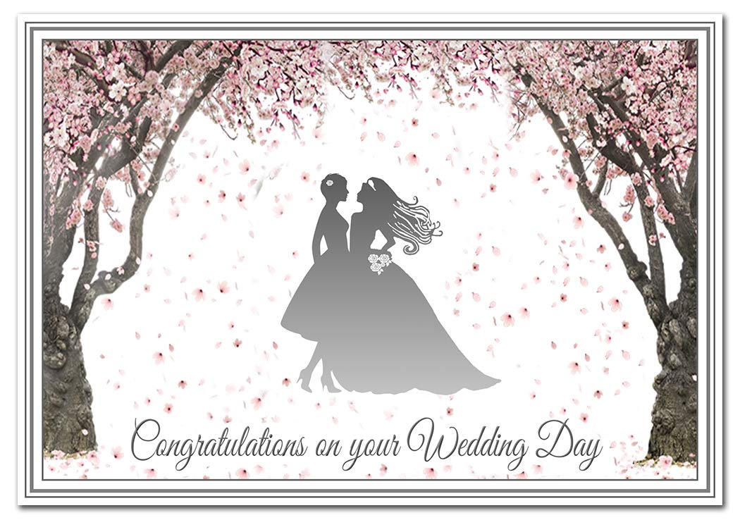 Lesbian Wedding Card - Same Sex Wedding Day Congratulations - Female Couple – Unique Design - Marriage Wishes - Unusual Special Love Keepsake - Quality - Cherry Blossom Silhouette Brides Theme