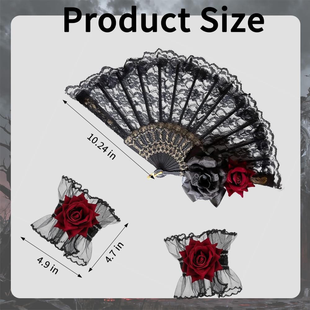 Gothic Rose Lace Gloves Black Lace Handheld Folding Fan Set Vintage Flower Folding Fan Black Elastic Wrist Cuff Bracelet Hand Sleeve Dress Costume Accessories for Halloween Cosplay Party Supplies