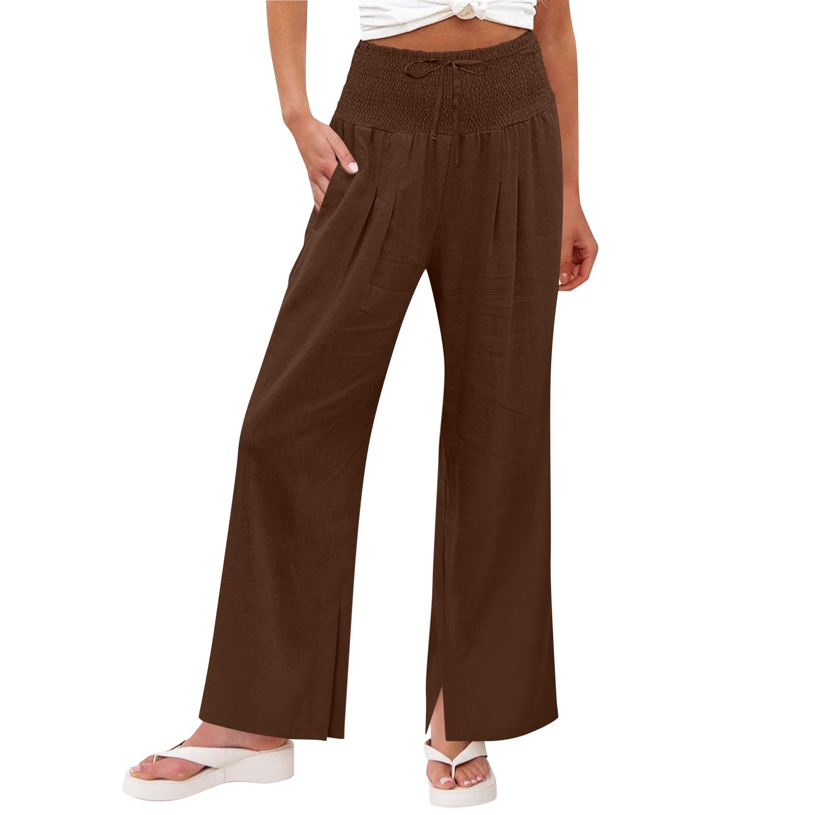 Linen Pants Women 2026 Summer Wide Leg Palazzo Pants High Waist Travel Flowy Trousers with Pockets Vacation Clothes — view 8