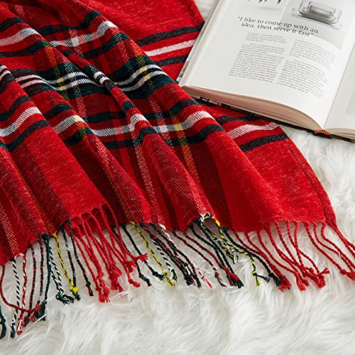 Caromio Christmas Plaid Chenille Throw Blanket For Couch Red And Green, Fluffy Soft Knitted Throw Blankets With Tassel Fringe For Home Sofa Chair Bed Decoration (Plaid Red/Green, 50 X 60 Inches) #TOP3
